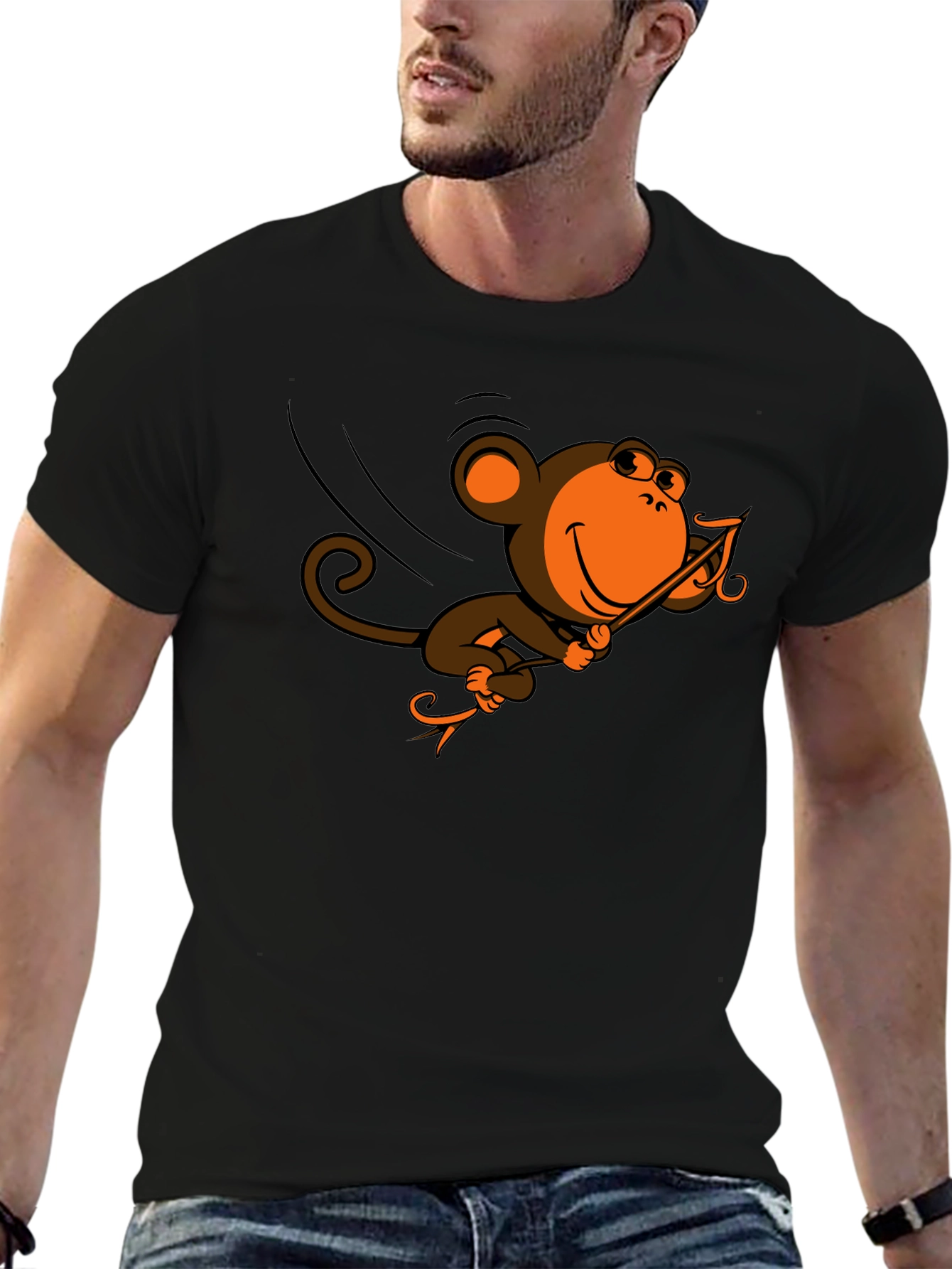 Black Monkey Swinging T-Shirt - Fun Cartoon Design view 6
