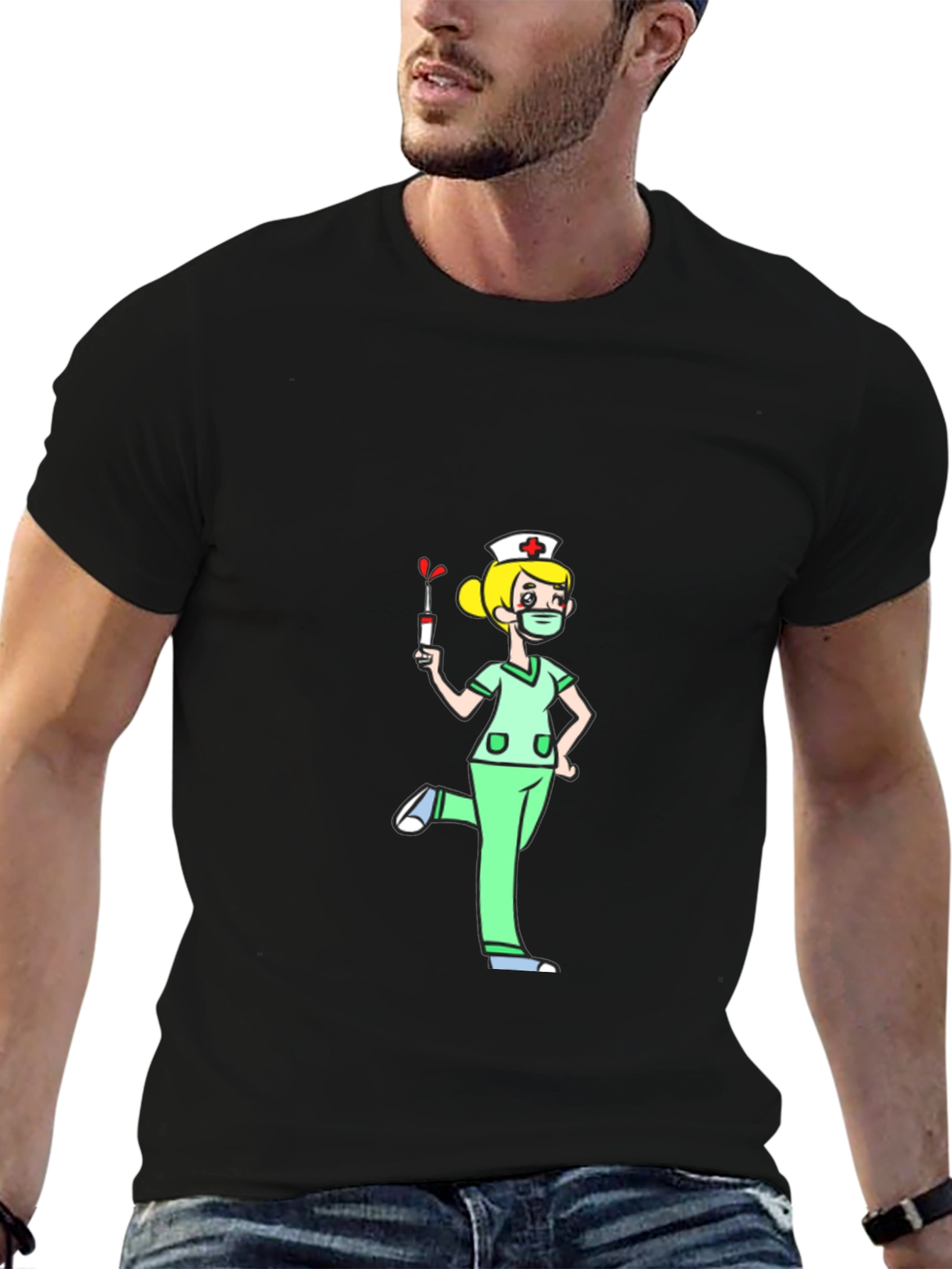 Black Nurse Cartoon Graphic T-Shirt - Black Cotton Tee view 6