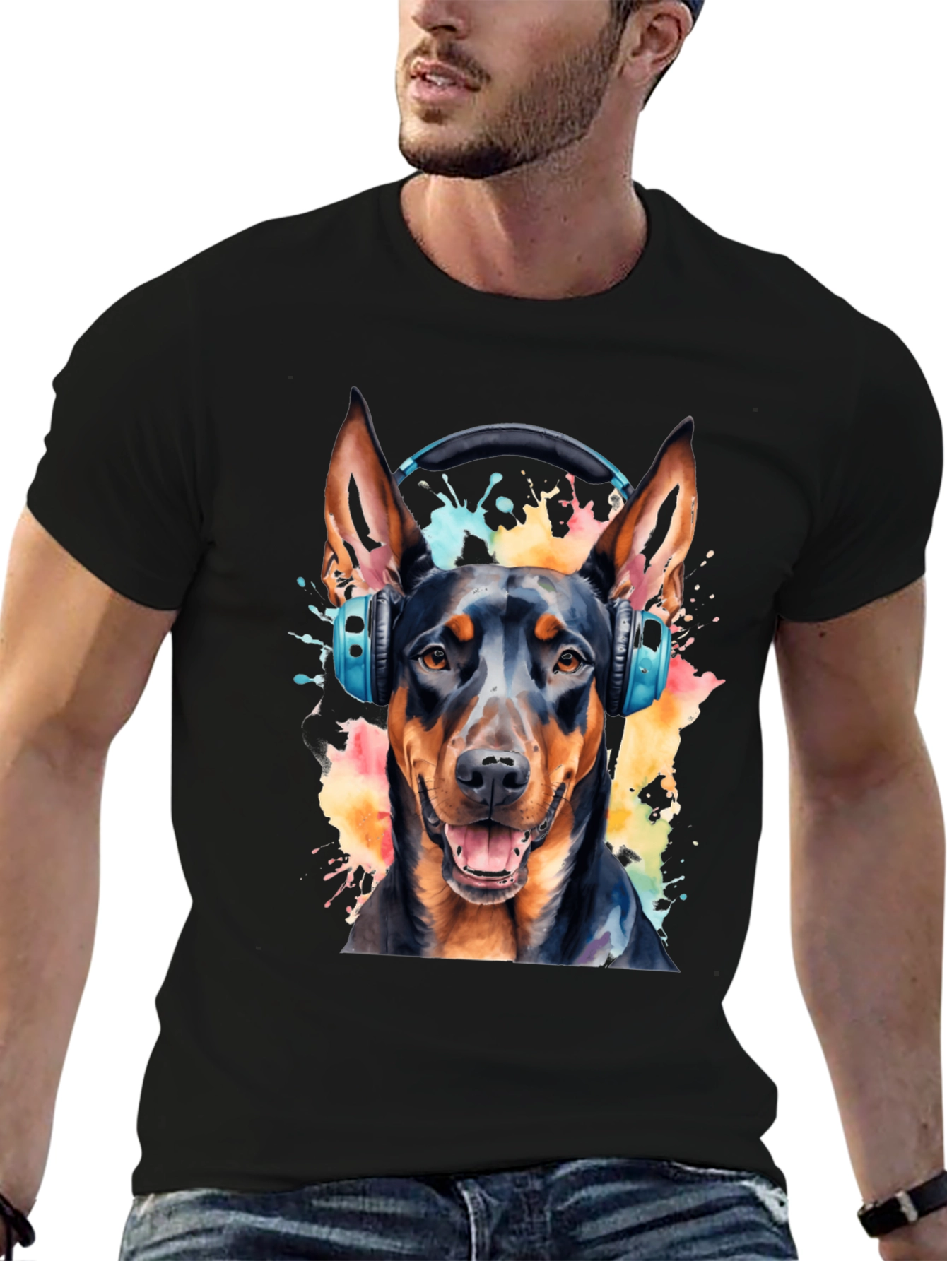 Black Dog with Headphones Black T-Shirt view 6