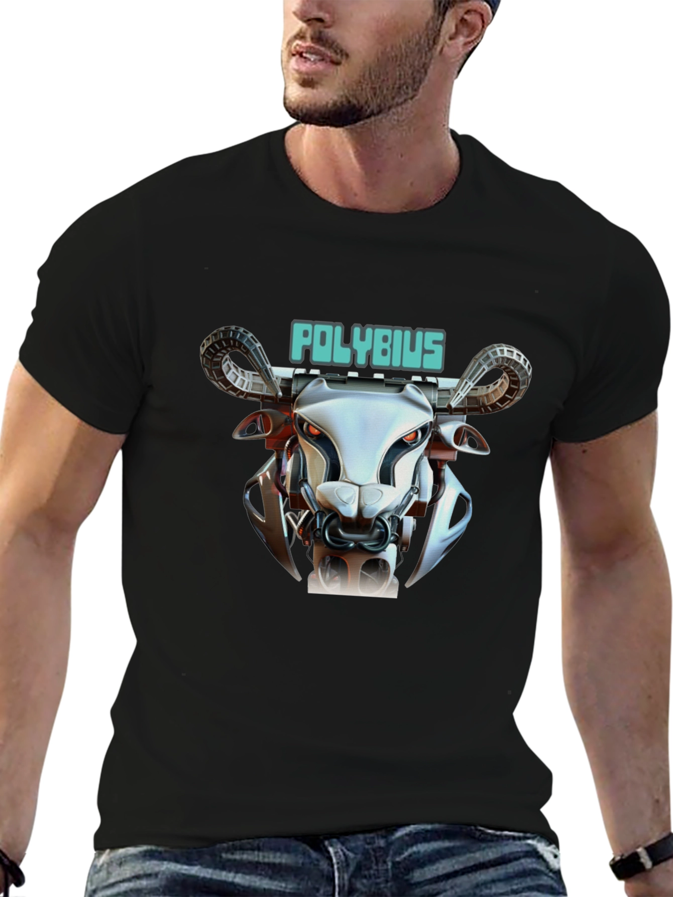 Black Polybius Robot Bull T-Shirt - Sci-Fi Style view 6