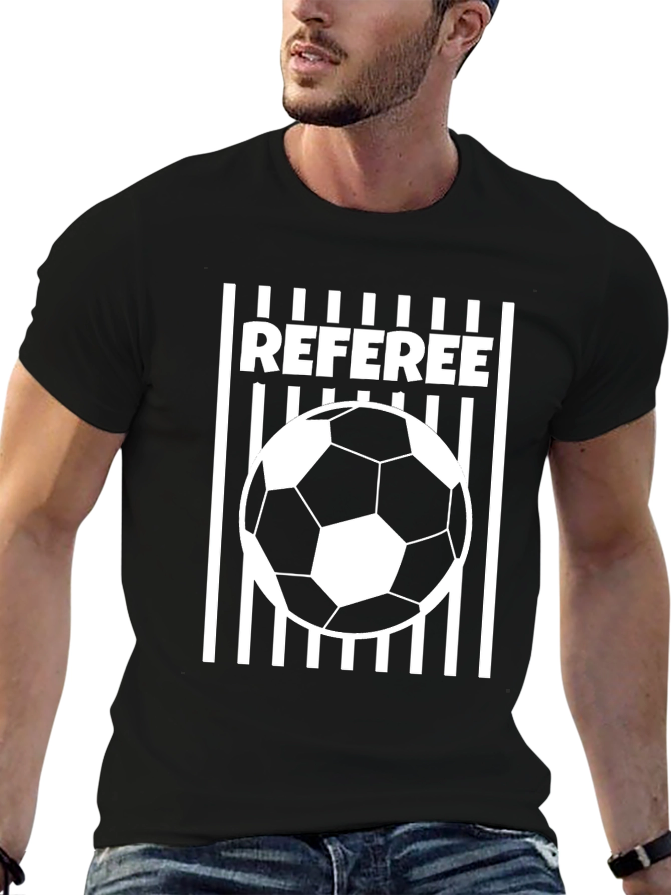 Black Referee Soccer Ball T-Shirt - Black Crew Neck Tee view 6