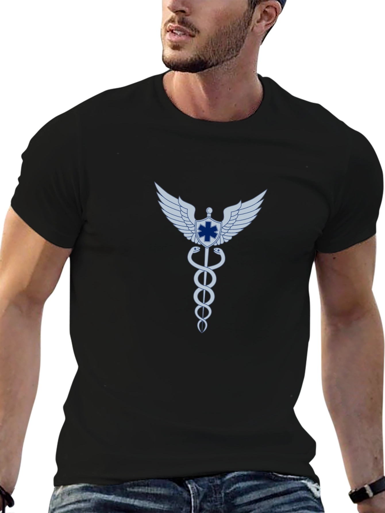 Black Caduceus Symbol Graphic T-Shirt view 6