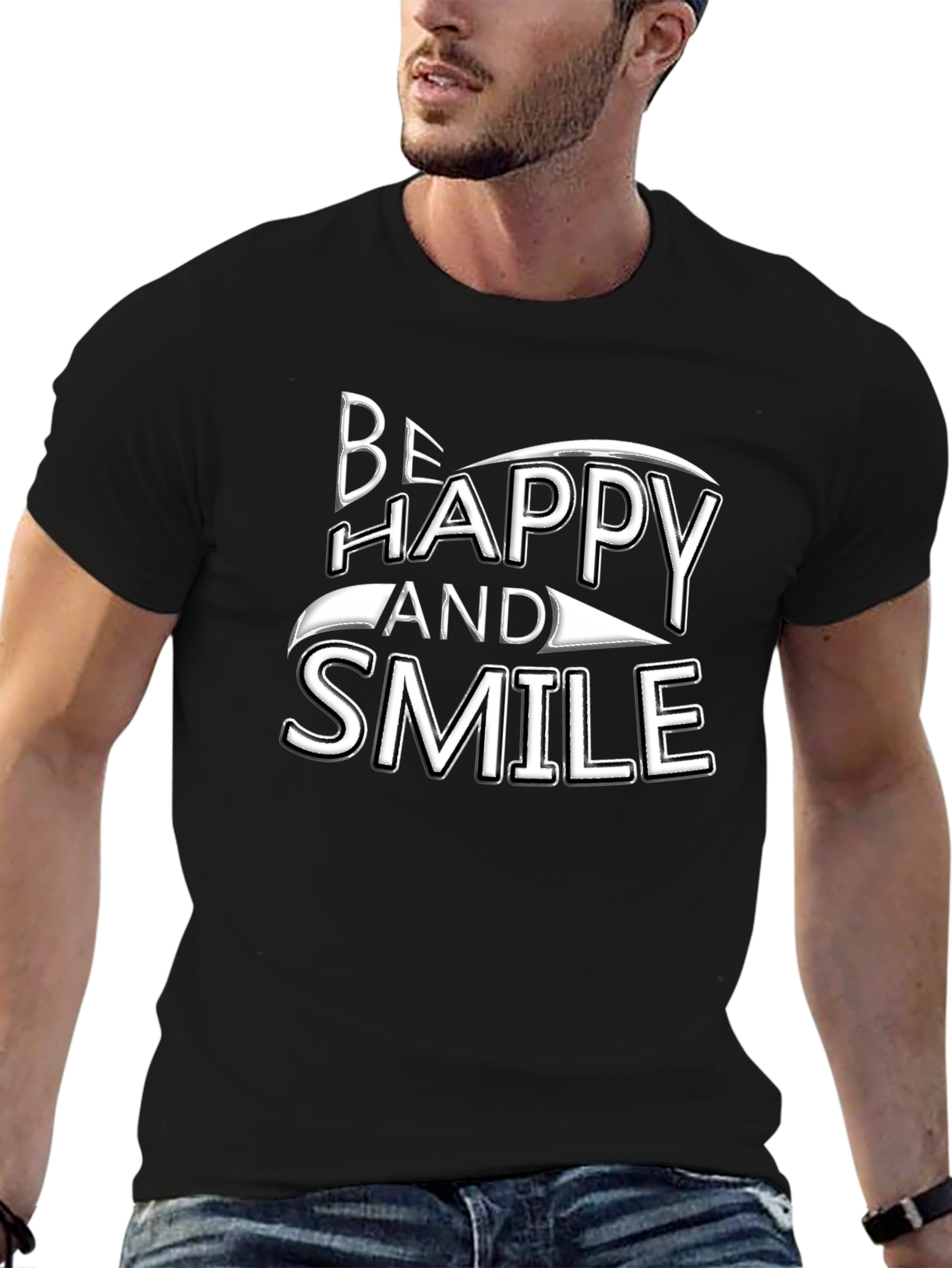 Black Be Happy and Smile Graphic Tee - Black Cotton Blend view 6