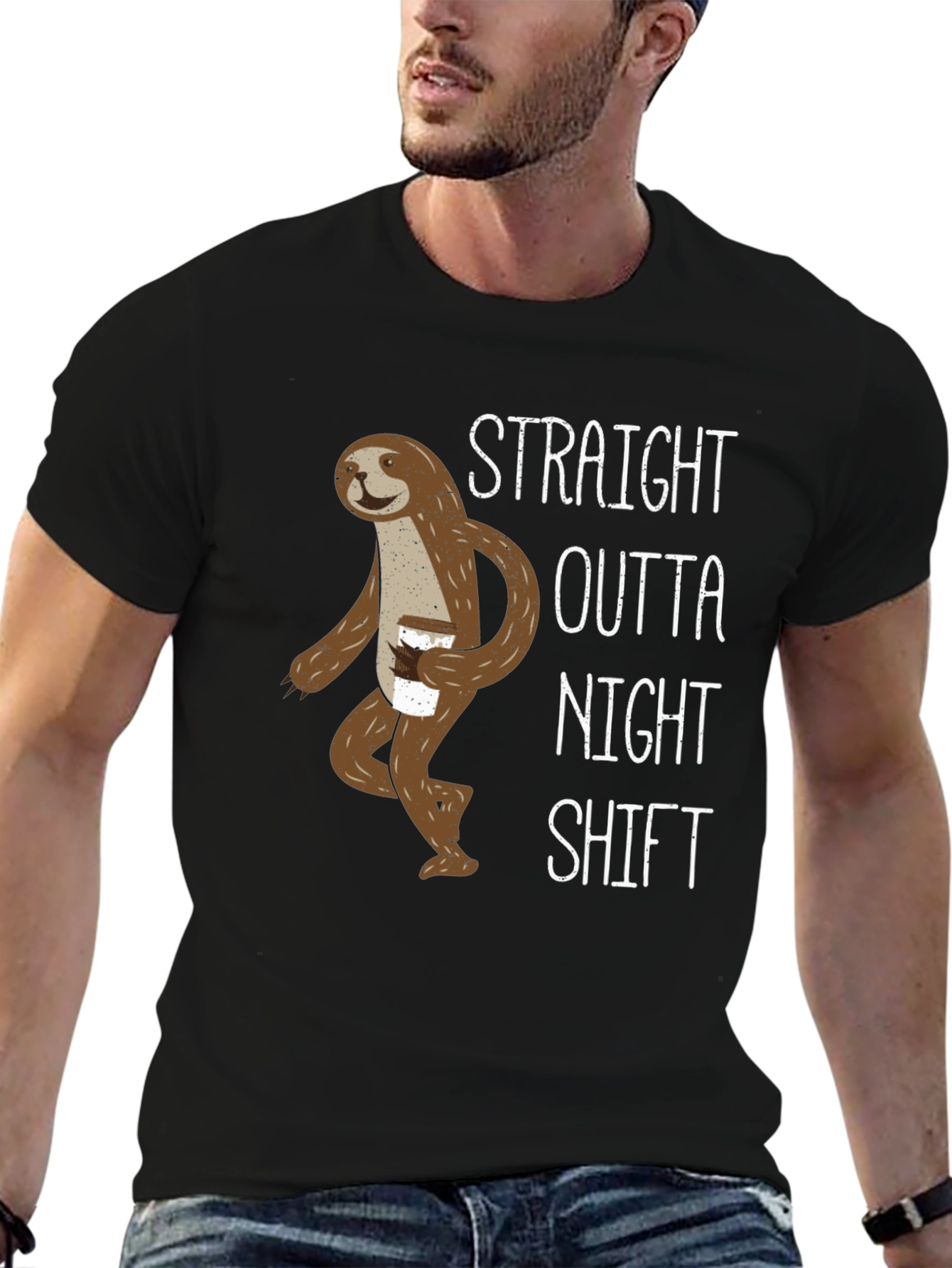 Black Straight Outta Night Shift Sloth Graphic Tee view 6