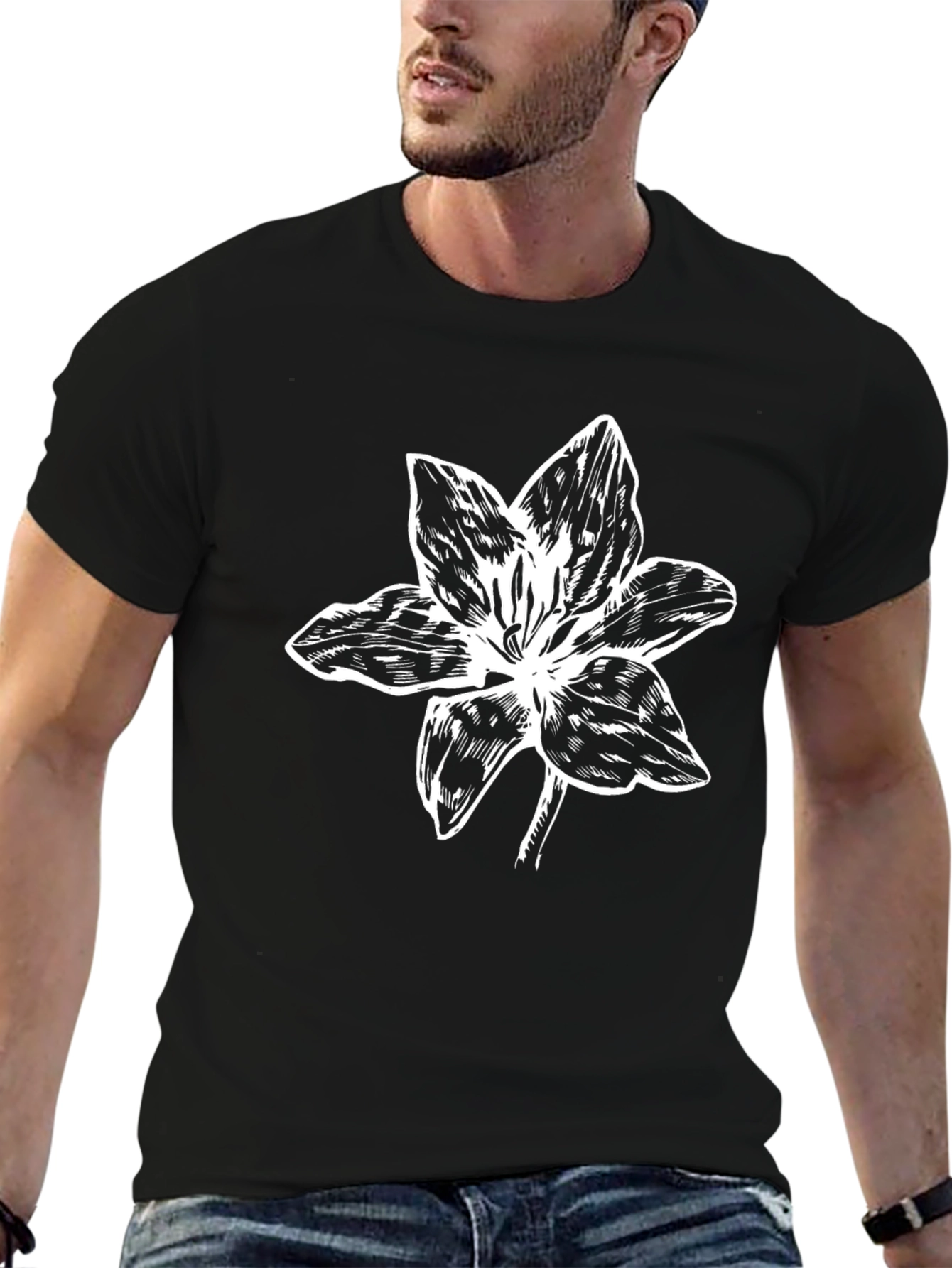 Black Black T-Shirt with White Floral Graphic view 6