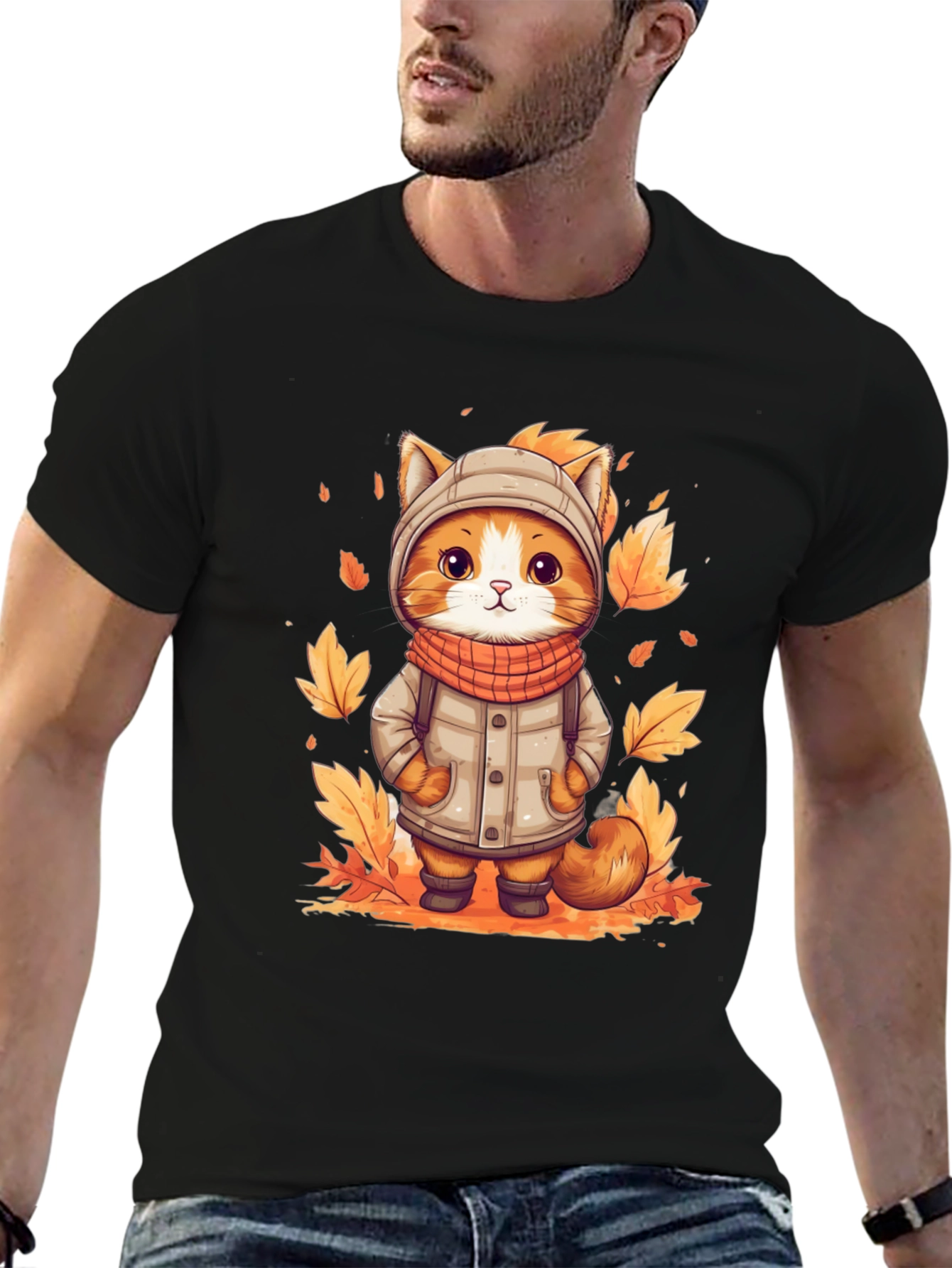 Black Fall Cat T-Shirt - Cute Autumn Kitten Design view 6