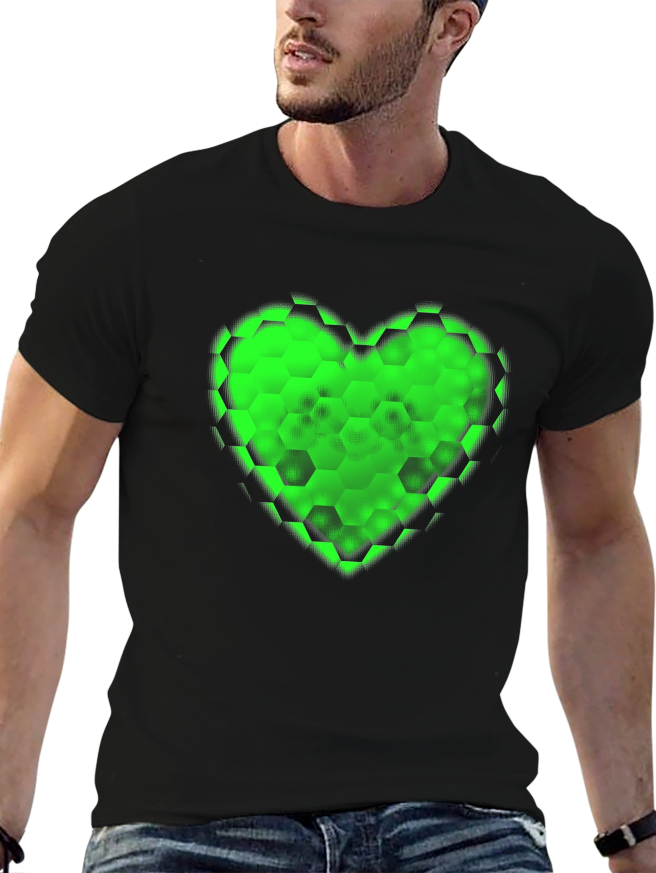 Black Green Hex Heart Graphic T-Shirt - Soft Cotton Blend view 6