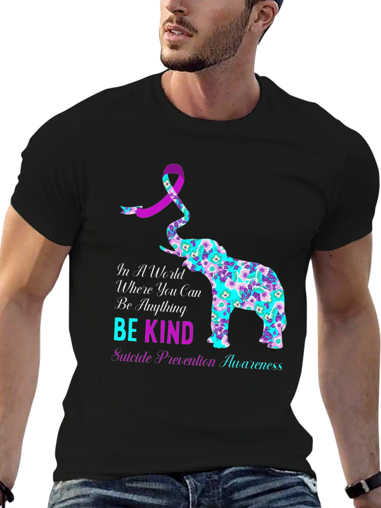 Black Be Kind Suicide Awareness Elephant Graphic Tee view 6