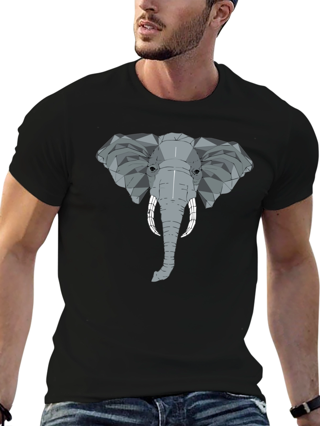 Black Geometric Elephant Graphic Tee - Stylish Men's Black T-Shirt view 6