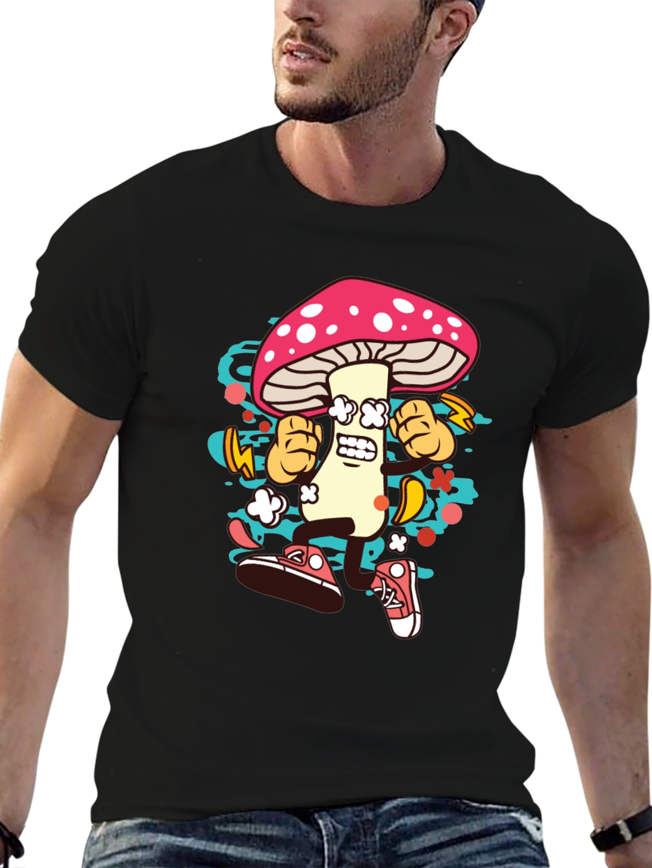 Black Funky Mushroom Graphic T-Shirt - Black Cotton Tee view 6