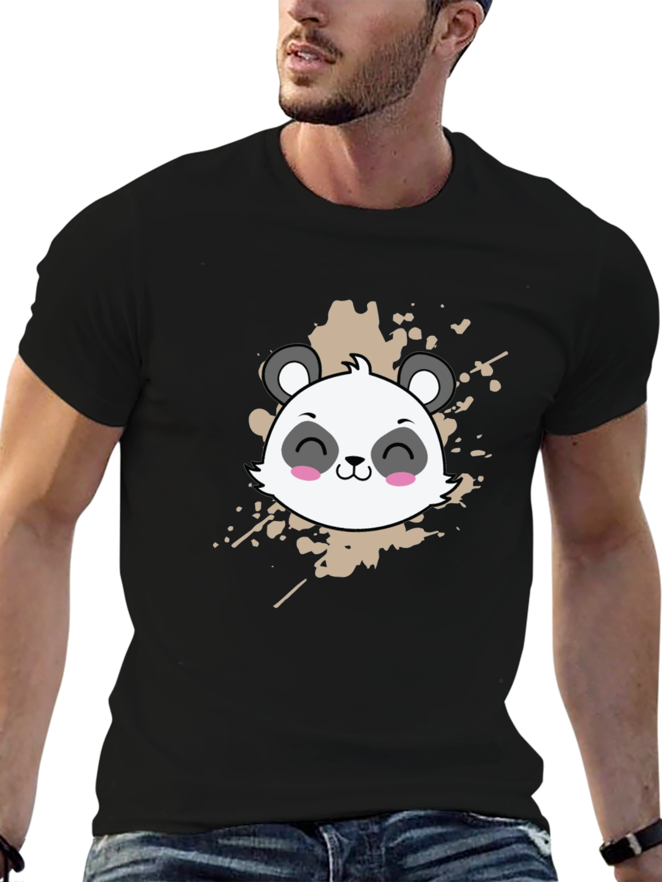 Black Cute Panda Graphic Tee - Black Cotton T-Shirt view 6