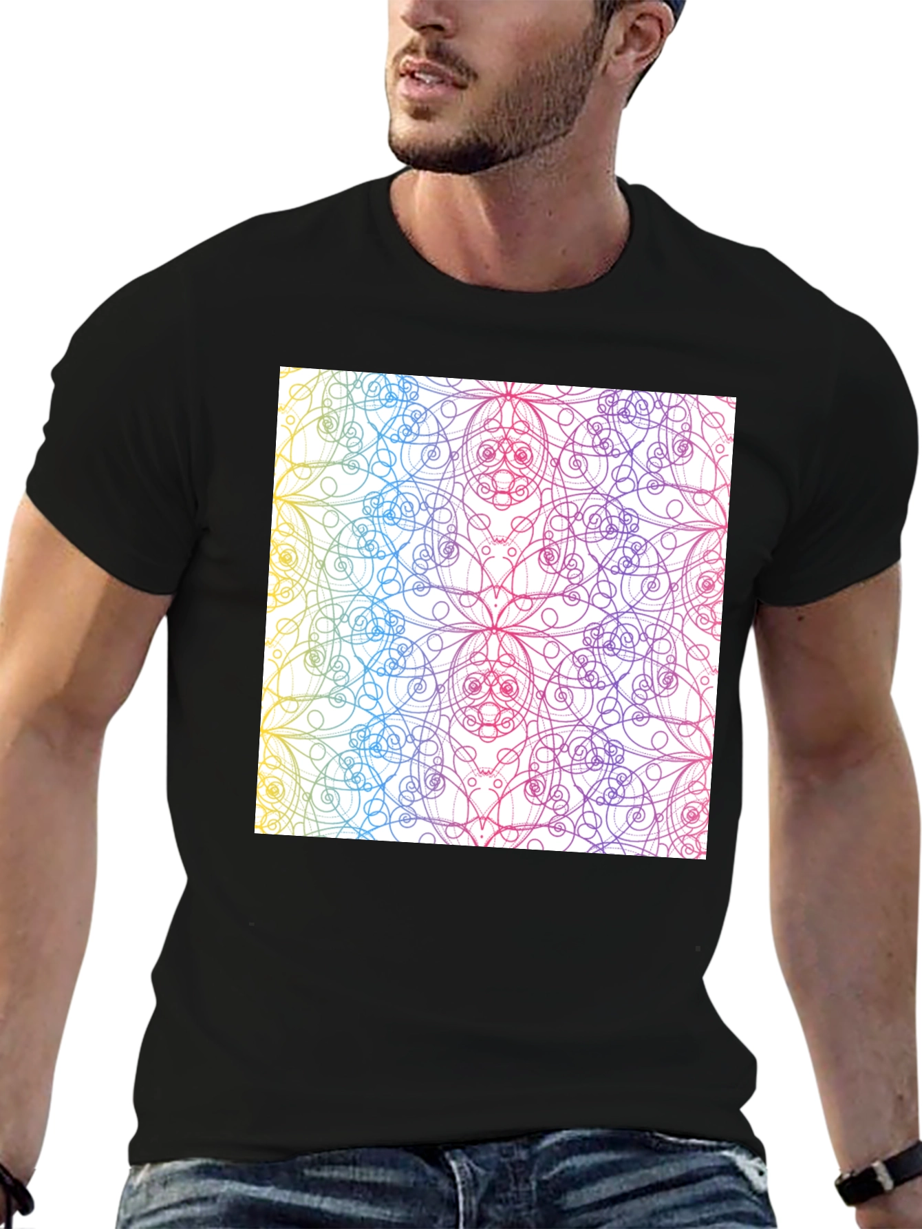 Black Colorful Mandala Design Black T-Shirt view 6