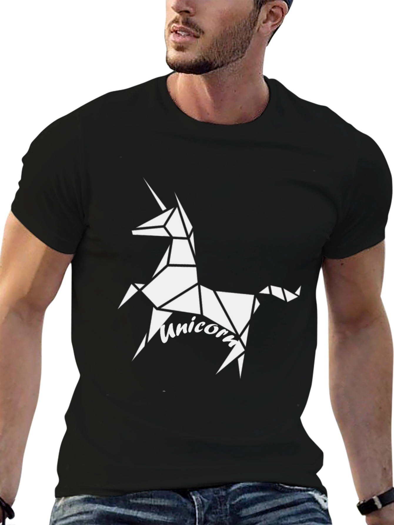 Black Geometric Unicorn Graphic Tee - Black Cotton Casual Shirt view 6