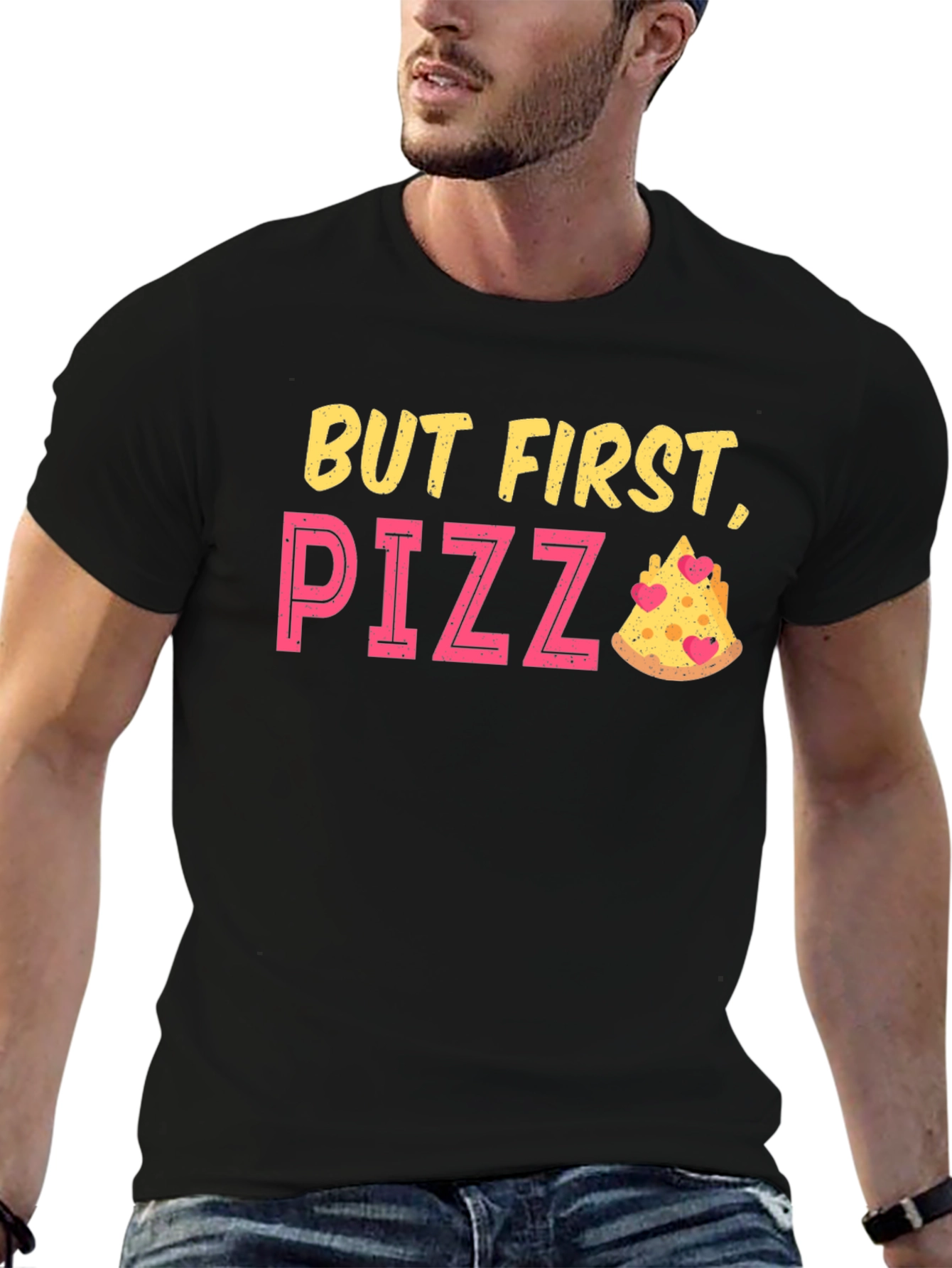Black But First Pizza Funny Graphic T-Shirt view 6