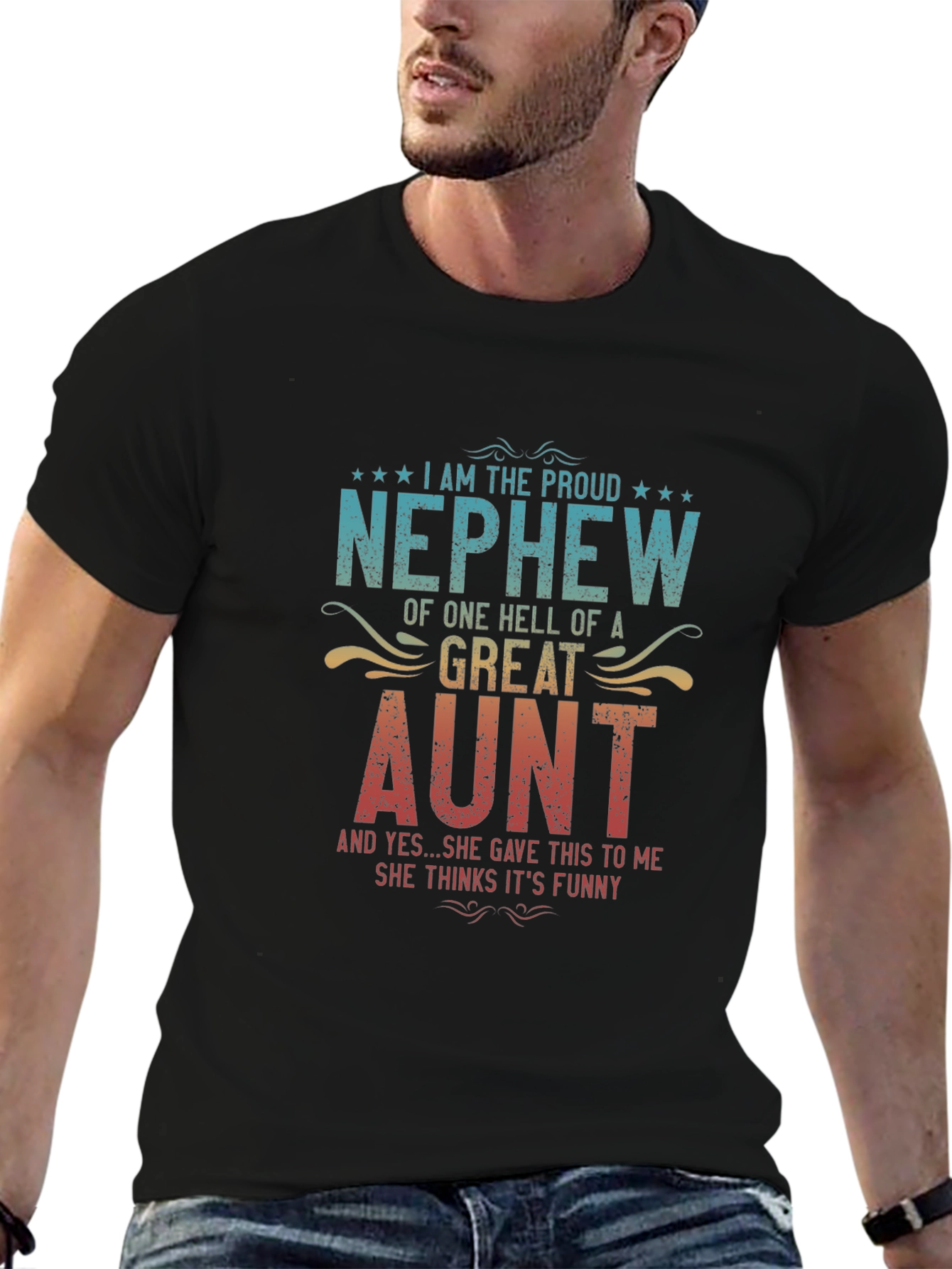 Black Proud Nephew Great Aunt Funny Graphic T-Shirt view 6