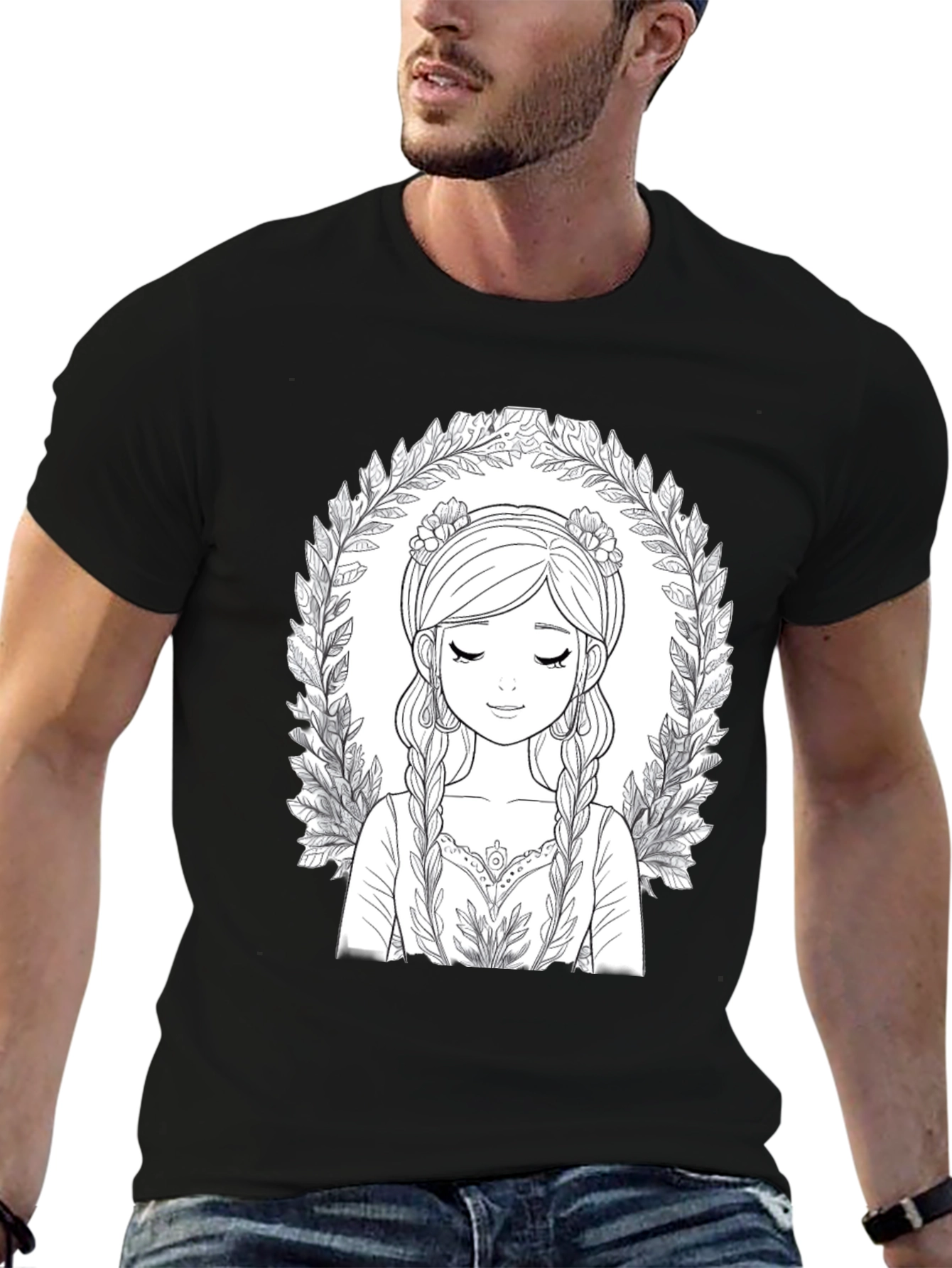Black Black T-Shirt with Intricate Girl Portrait Design view 6