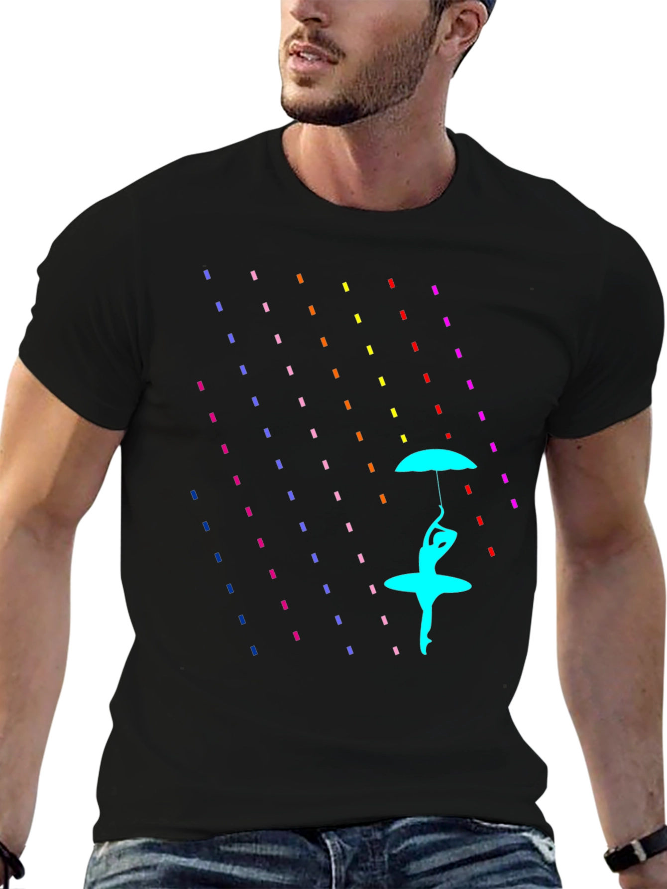 Black Rain of Color: Artistic Graphic Print T-Shirt view 6