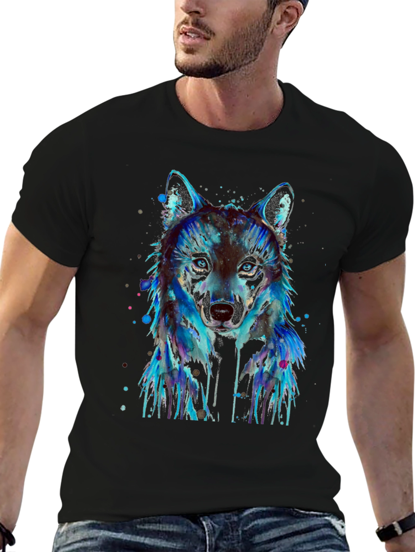Black Watercolor Wolf Graphic T-Shirt view 6