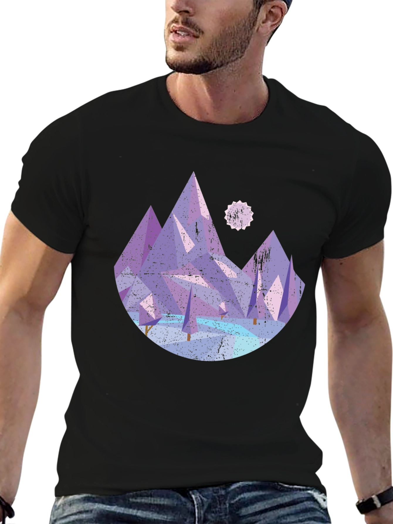 Black Abstract Mountain Graphic Tee - Black Cotton Shirt view 6