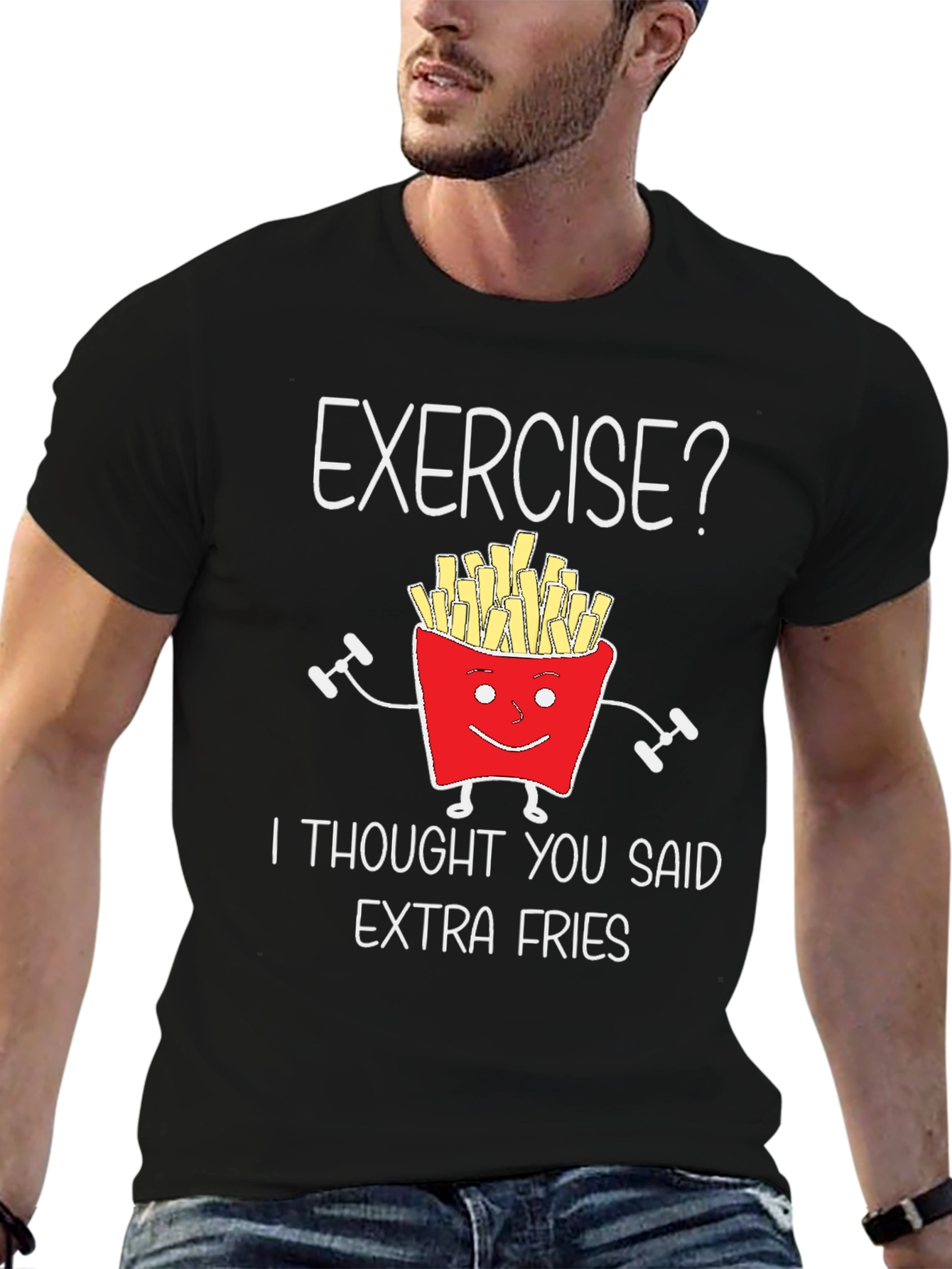 Black Funny Exercise Extra Fries Graphic T-Shirt view 6