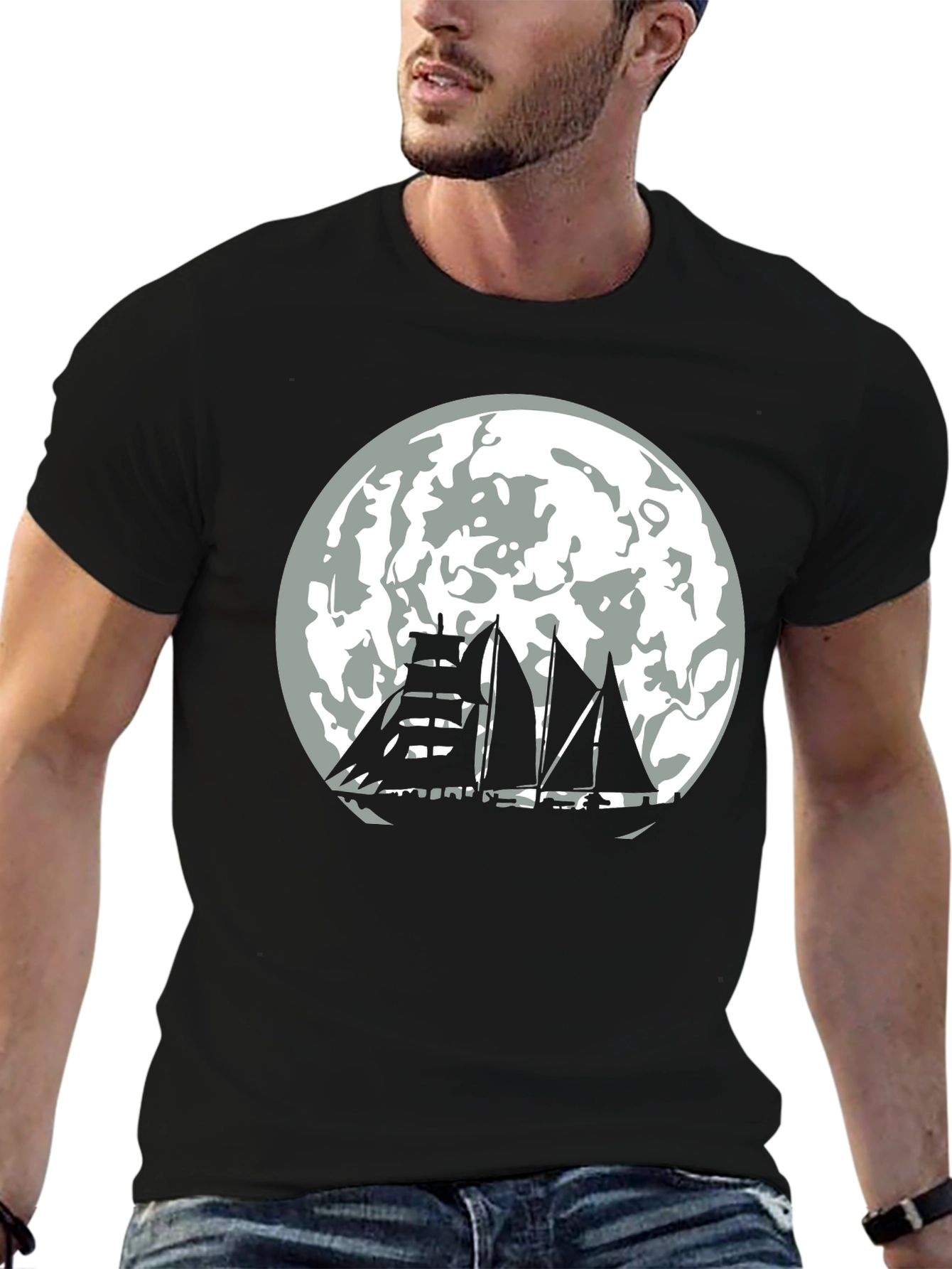 Black Moonlit Sailboat Black T-Shirt view 6
