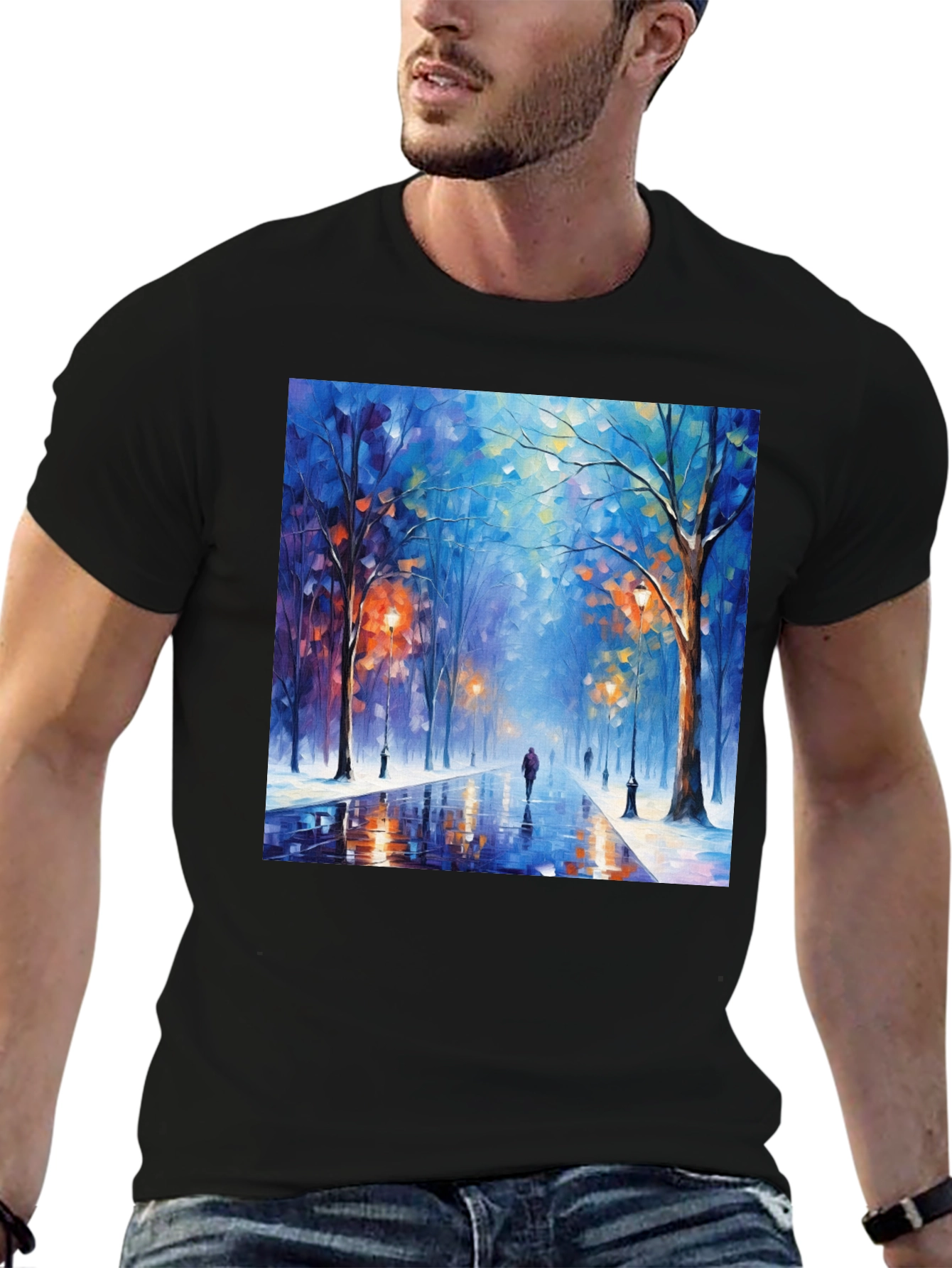Black Artistic Winter Street Scene T-Shirt view 6