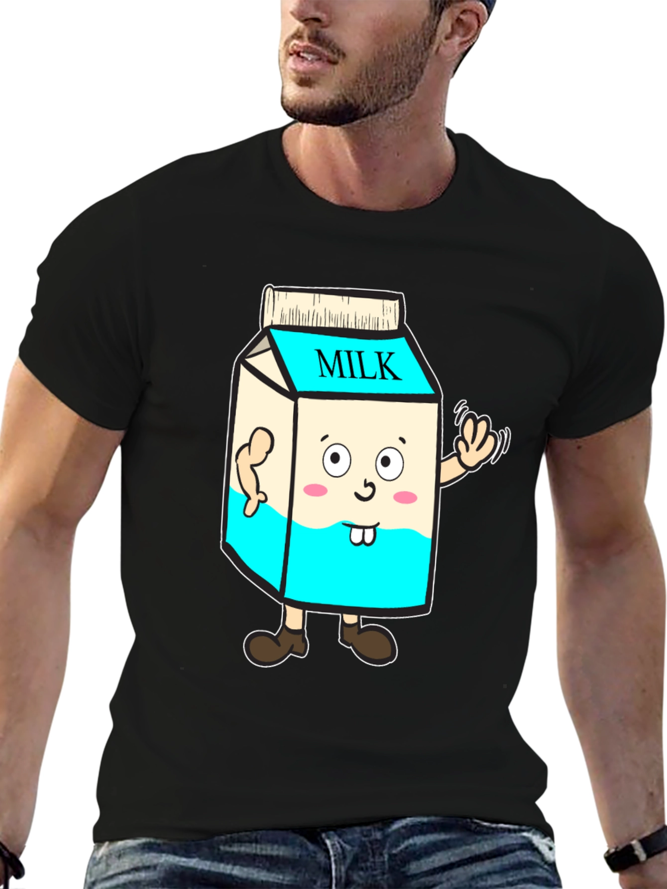 Black Funny Milk Carton Character T-Shirt - Black Cotton Tee view 6
