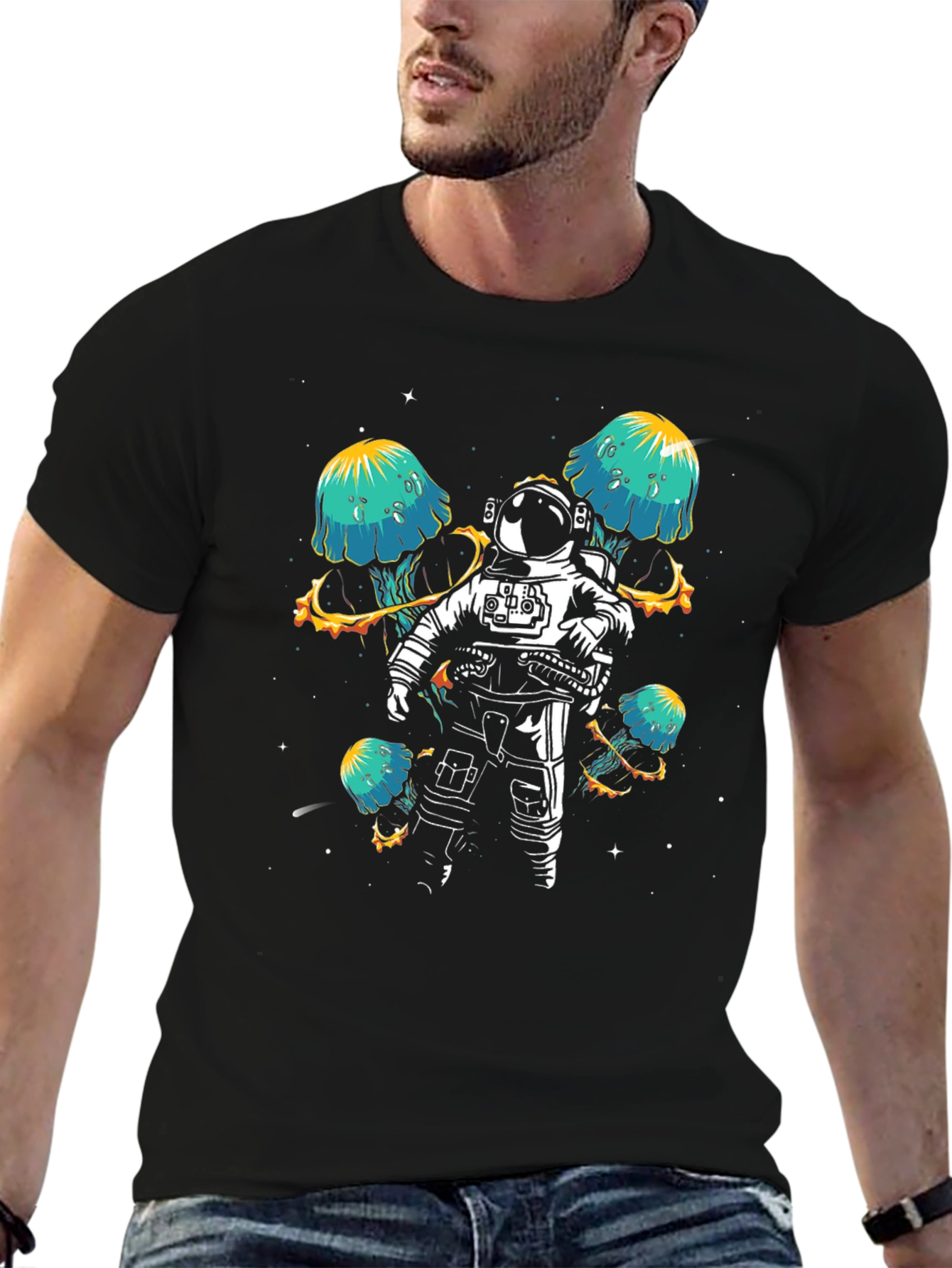 Black Astronaut & Space Jellyfish Graphic T-Shirt view 6