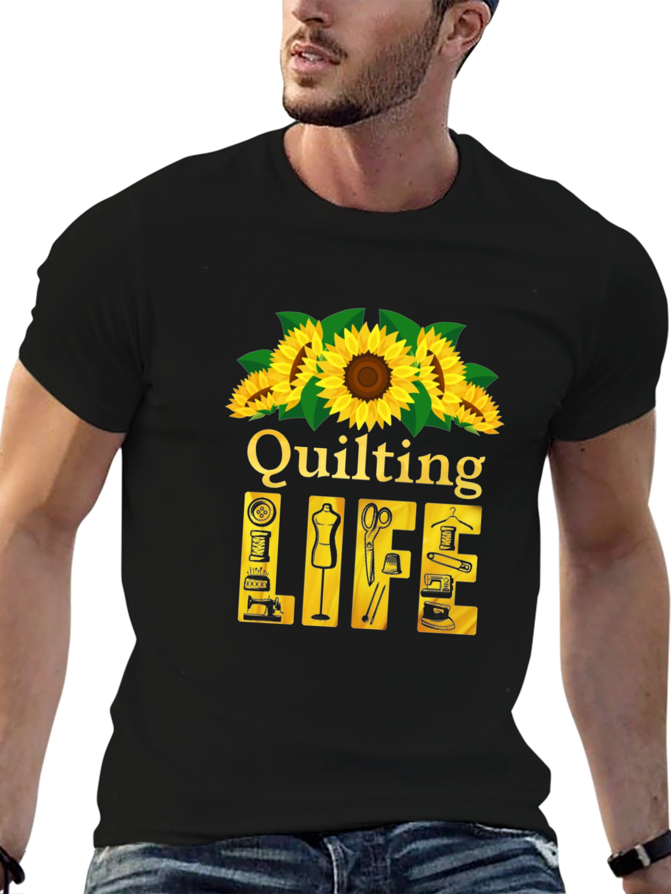 Black Quilting Life T-Shirt: Sunflower Edition view 6