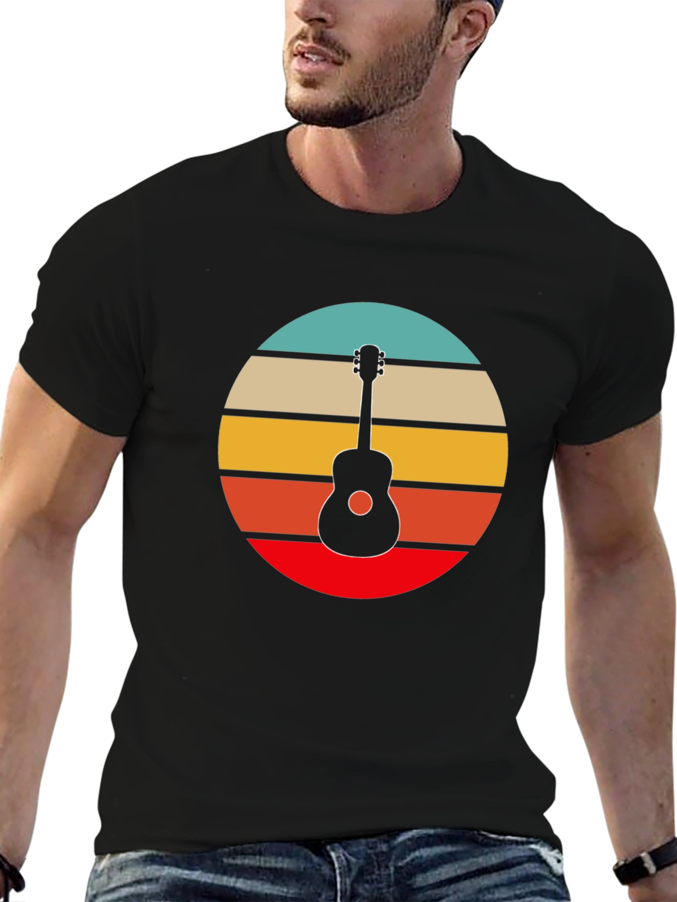 Black Retro Guitar Sunset Graphic Tee - Black view 6