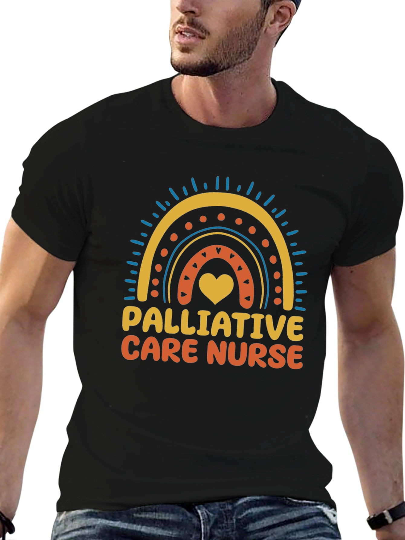 Black Palliative Care Nurse Rainbow Heart T-Shirt view 6