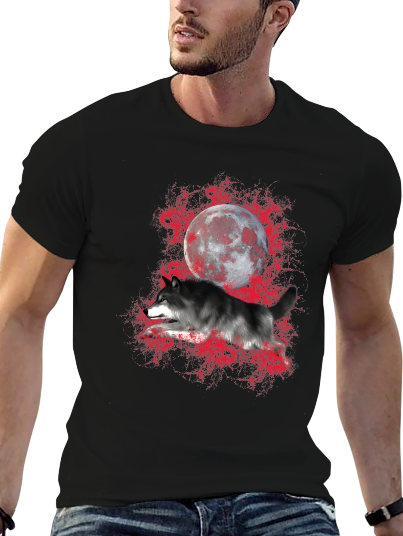 Black Wolf and Moon Graphic T-Shirt view 6