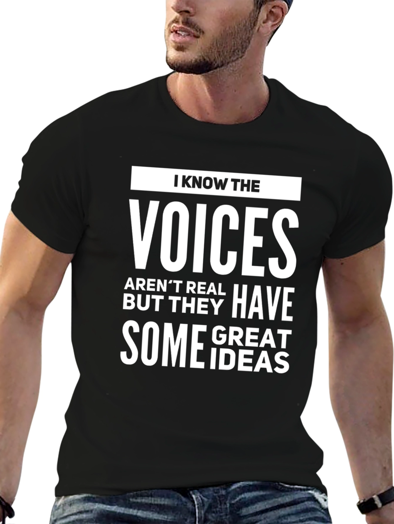Black I Know The Voices Men's Graphic Tee view 6