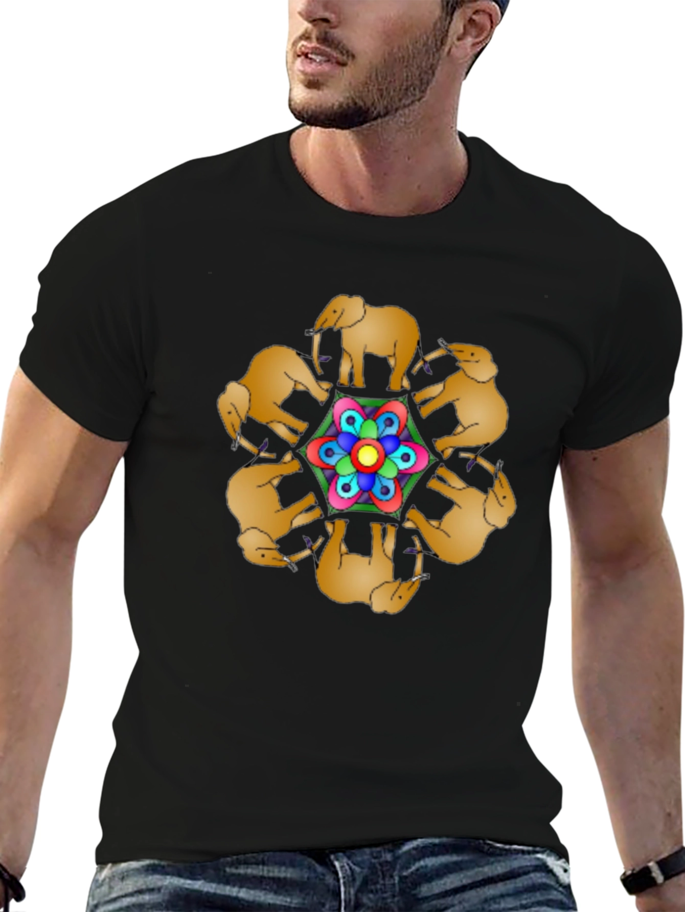 Black Elephant Mandala Black T-Shirt view 6