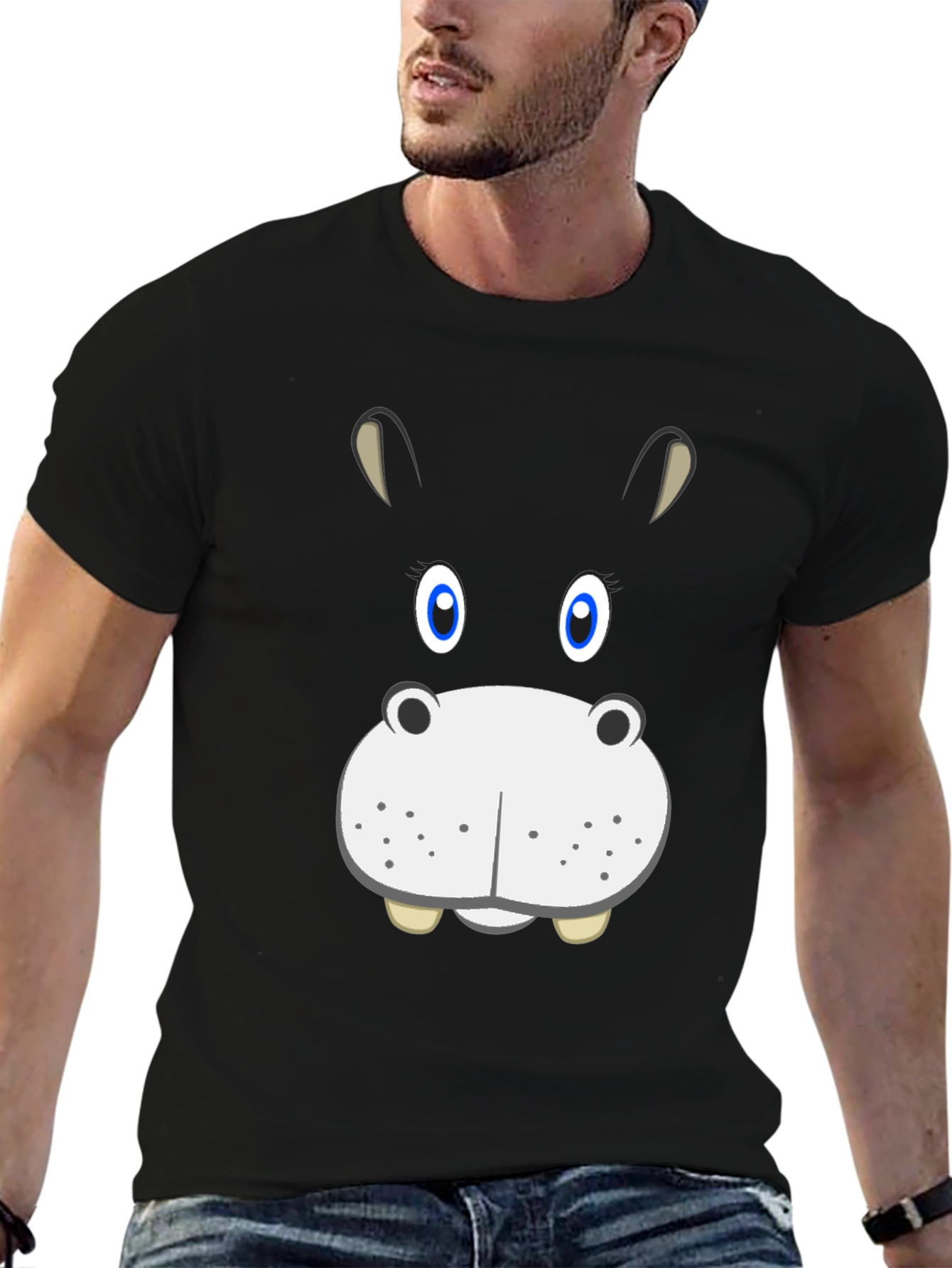Black Hippo Face Graphic Tee - Fun Cartoon Animal Shirt view 6