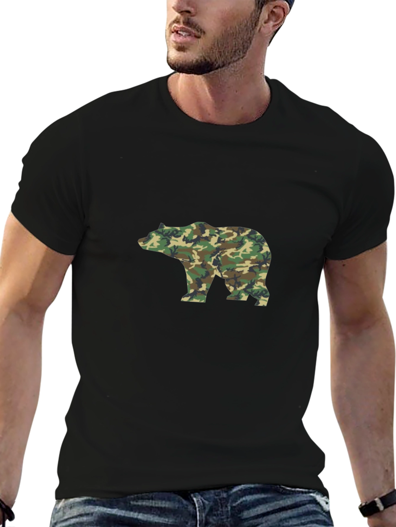 Black Camo Bear Graphic Tee - Black Cotton Blend Casual Shirt view 6