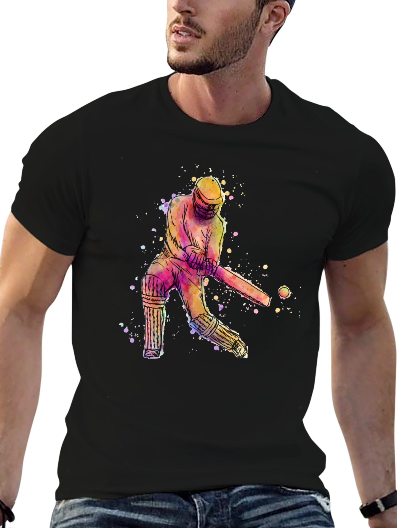 Black Cricket Player Watercolor Tee view 6