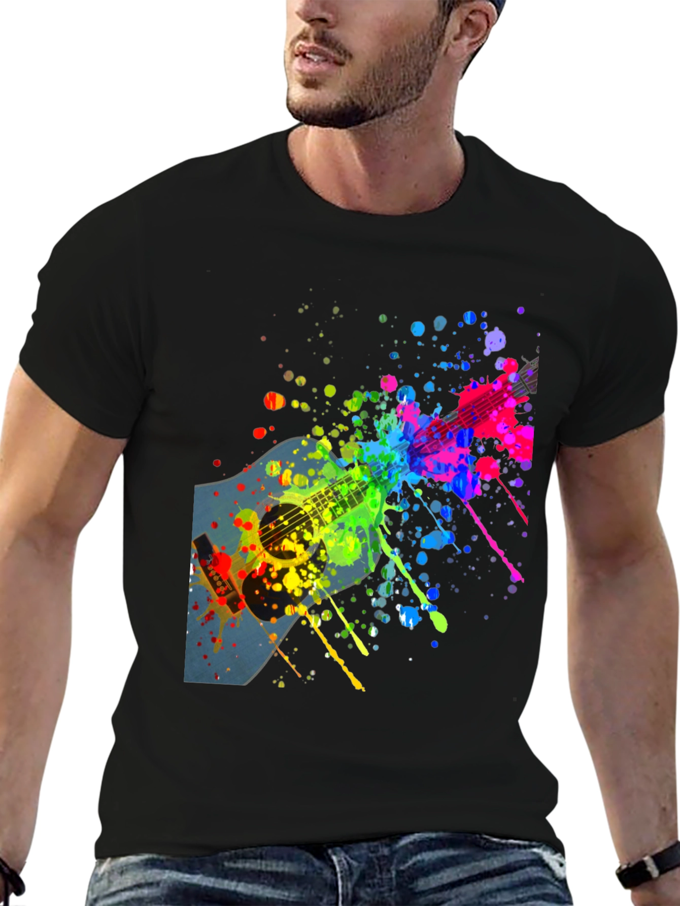Black Colorful Guitar Splatter T-Shirt - Music Lover Tee view 6