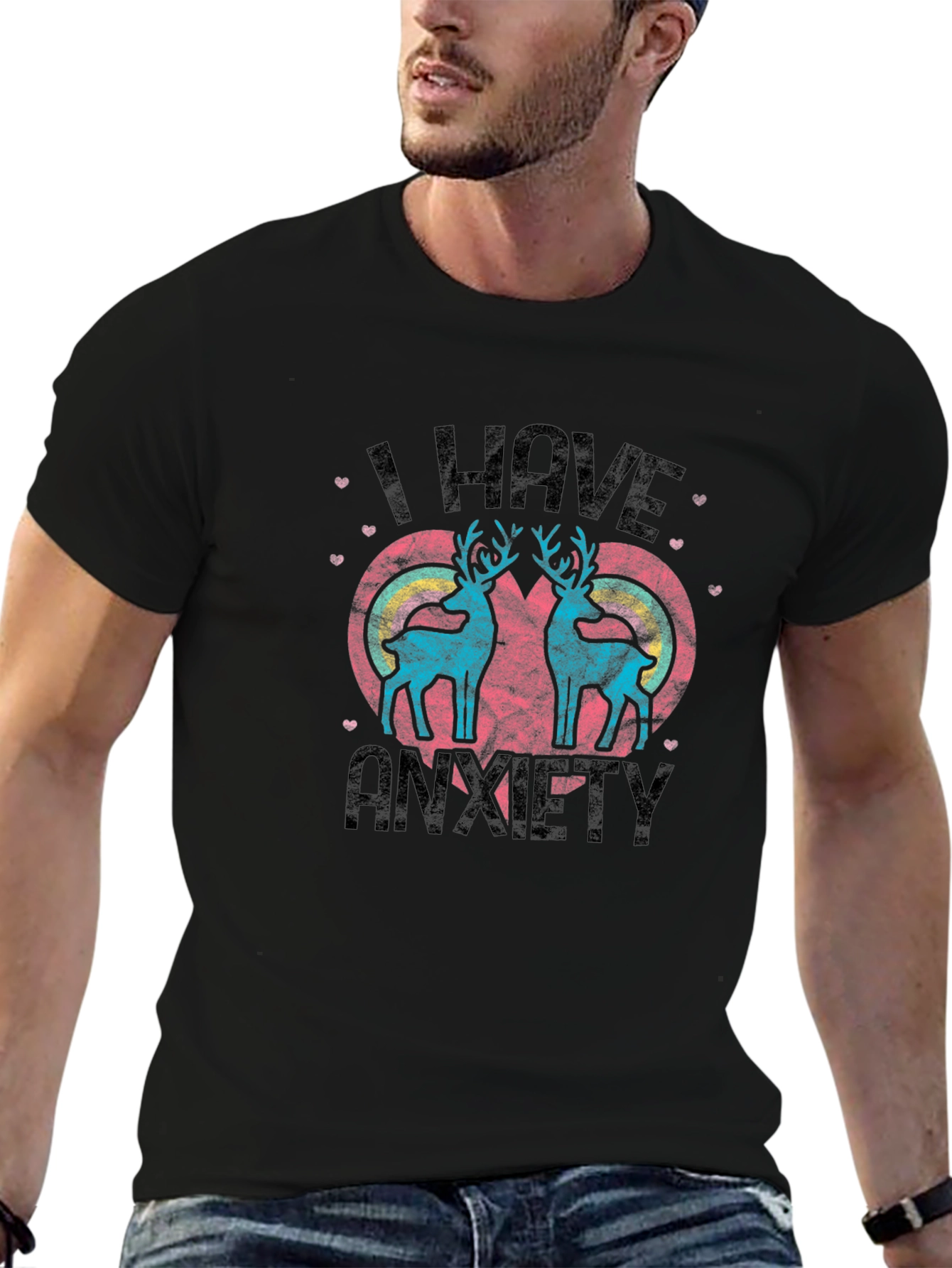 Black I Have Anxiety T-Shirt with Reindeer Heart Design view 6