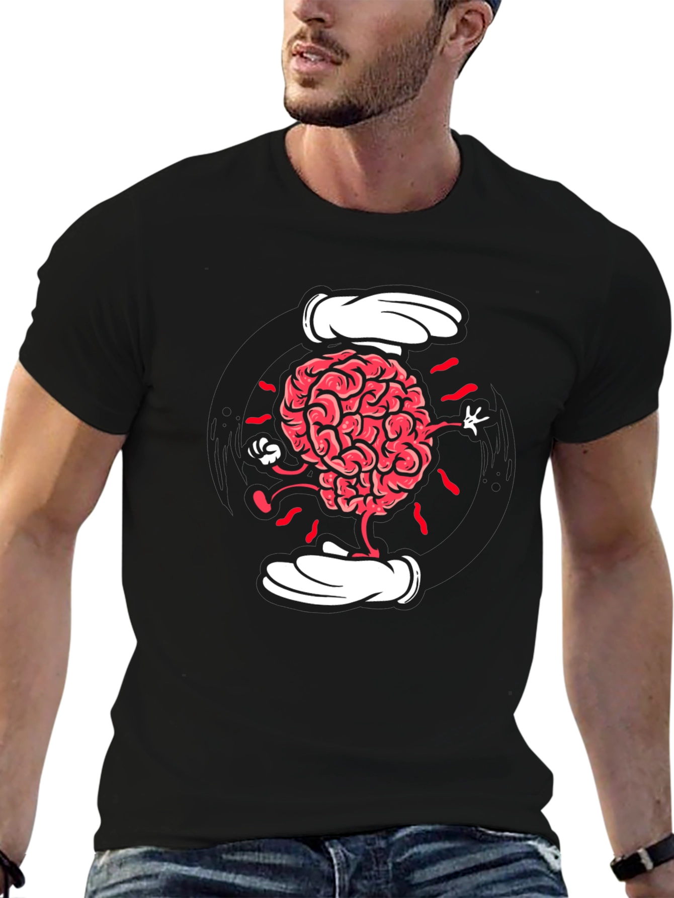 Black Cartoon Brain Graphic Tee - Black Cotton Blend view 6