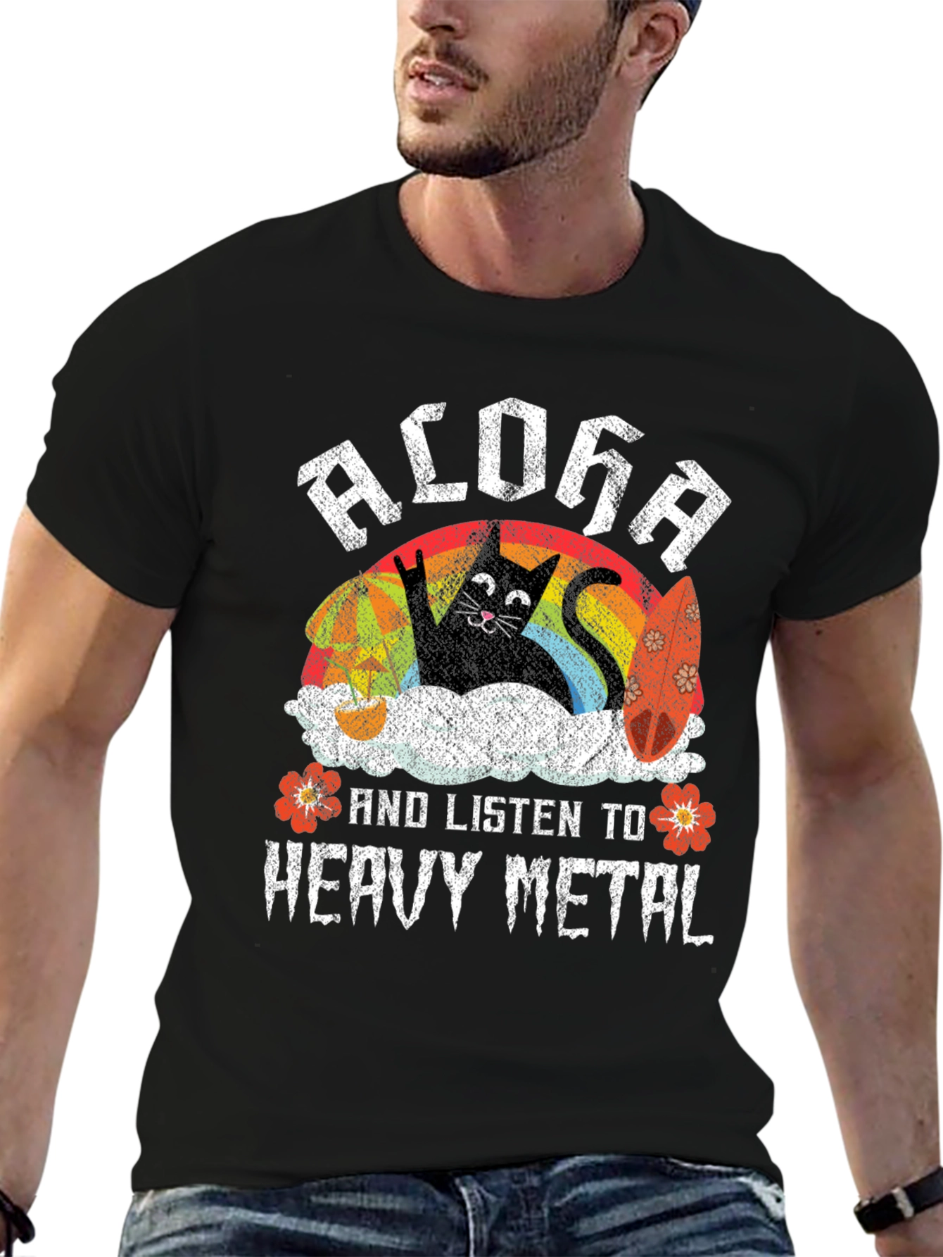 Black Aloha Heavy Metal Cat T-Shirt view 6