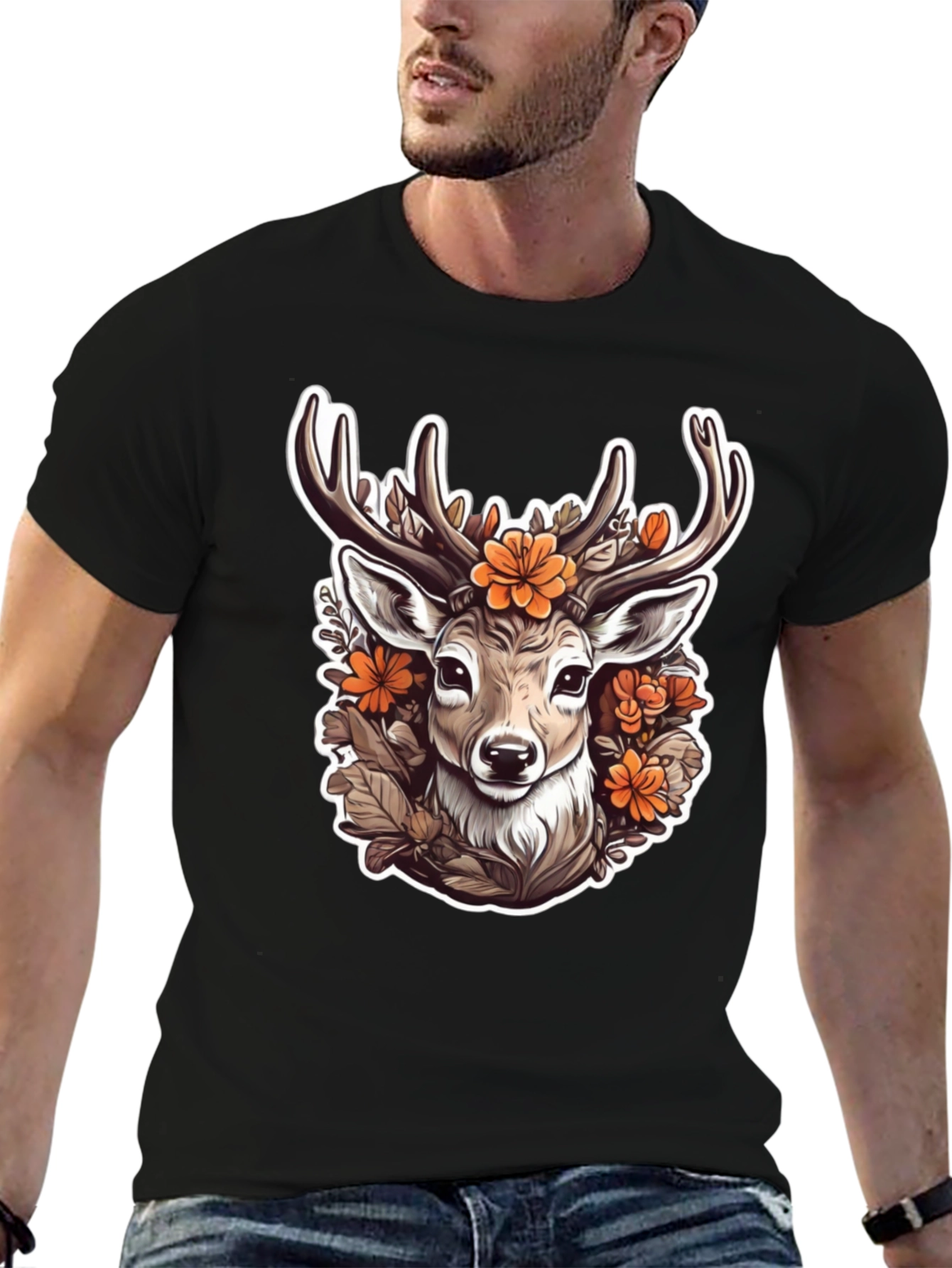 Black Floral Deer Head Graphic T-Shirt view 6