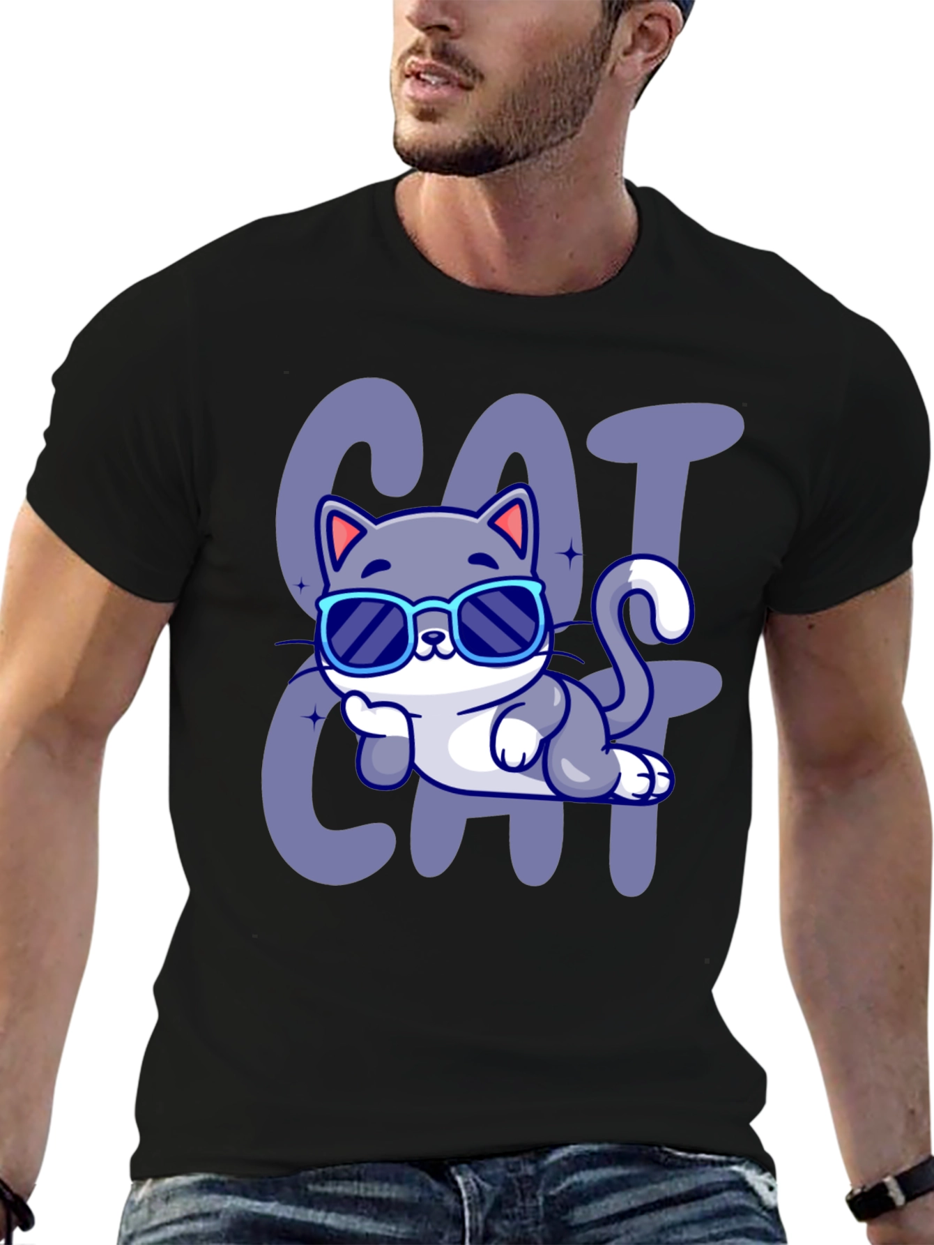Black Cool Cat Cartoon T-Shirt view 6