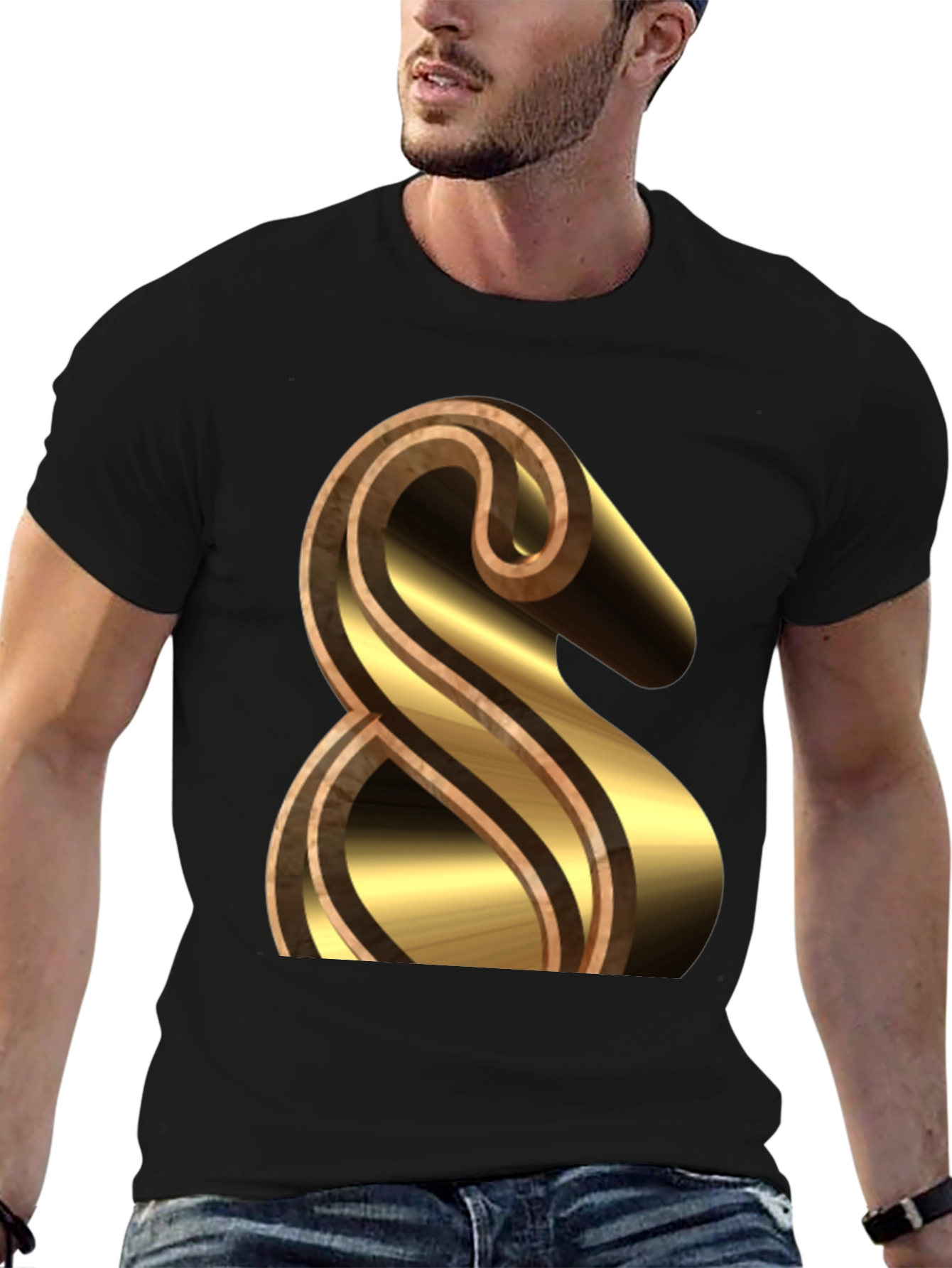Black Stylish Black Tee with Gold & Brown Ampersand Design view 6