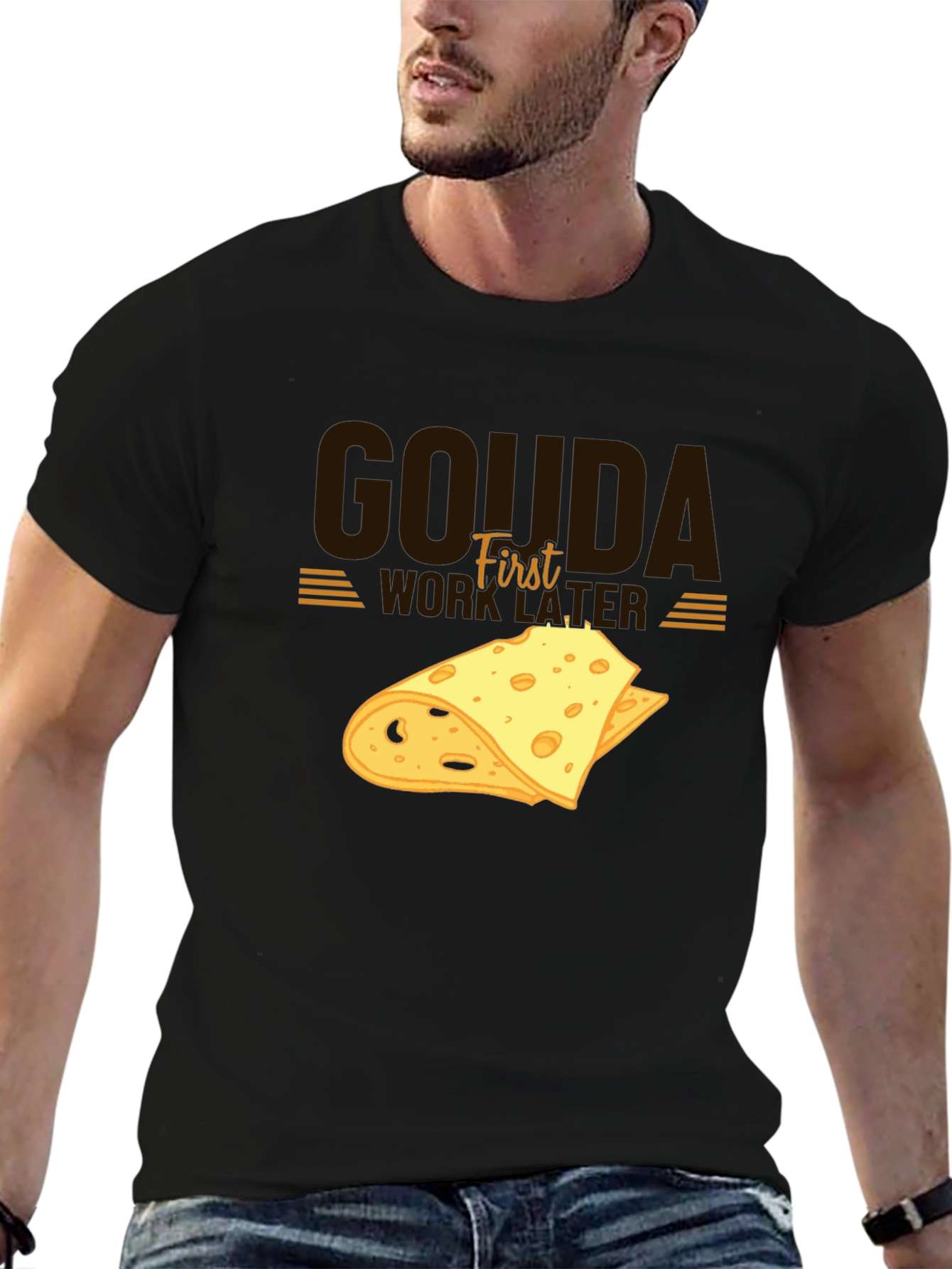 Black Gouda First Work Later Cheese Graphic T-Shirt view 6