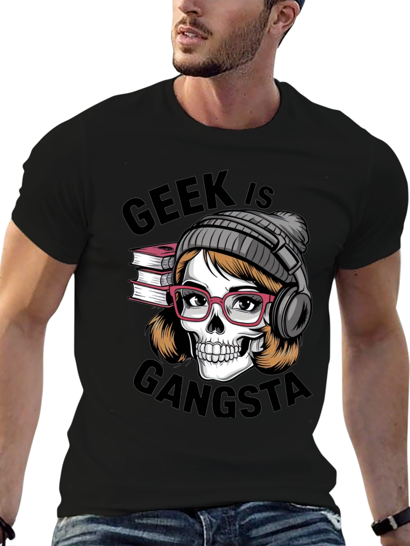 Black Geek is Gangsta T-Shirt - Skull with Glasses and Headphones view 6