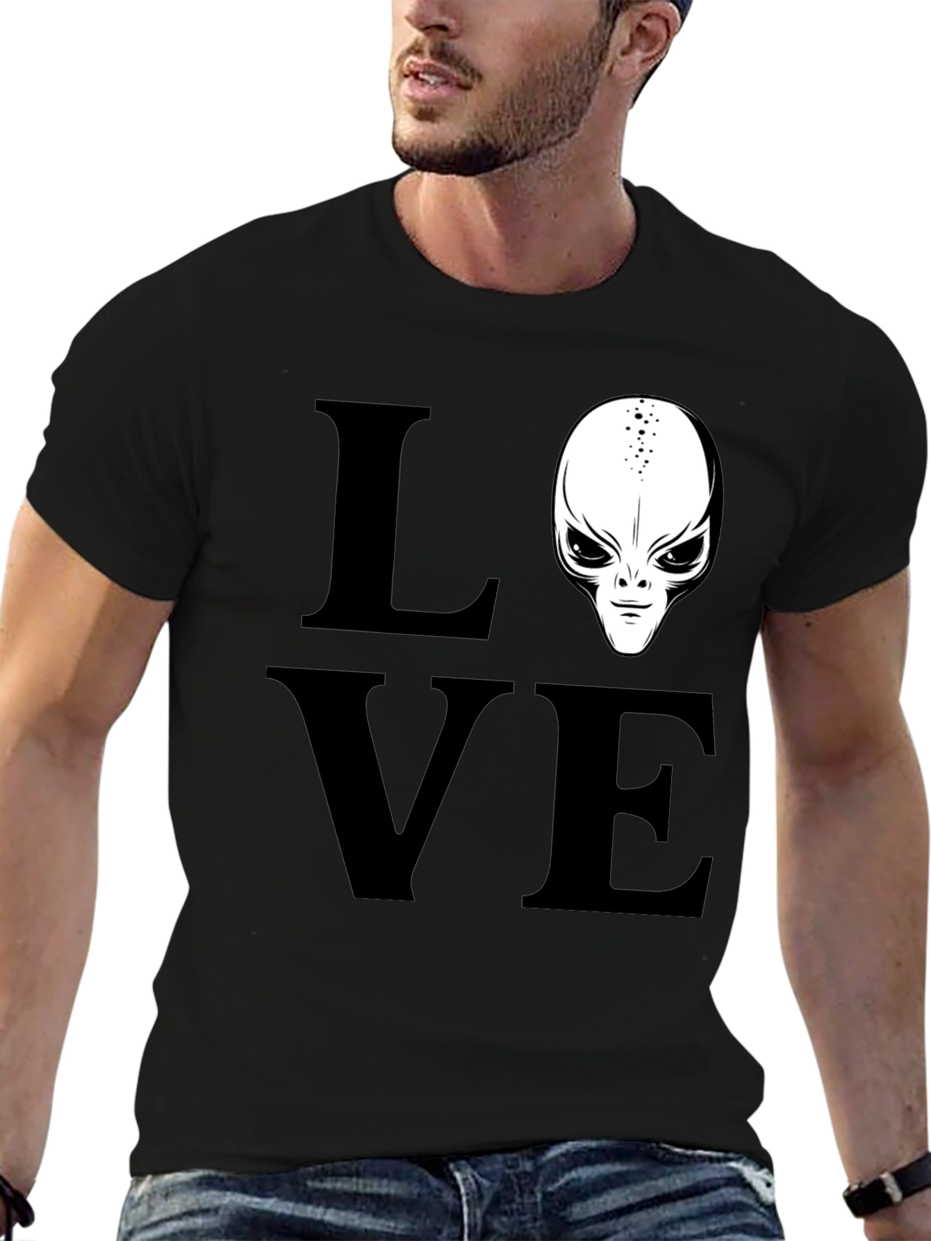 Black Love Alien Black T-Shirt, Sci-Fi Design view 6