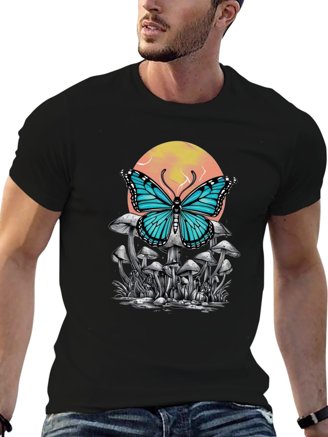 Black Butterfly Mushroom Graphic Tee - Black view 6