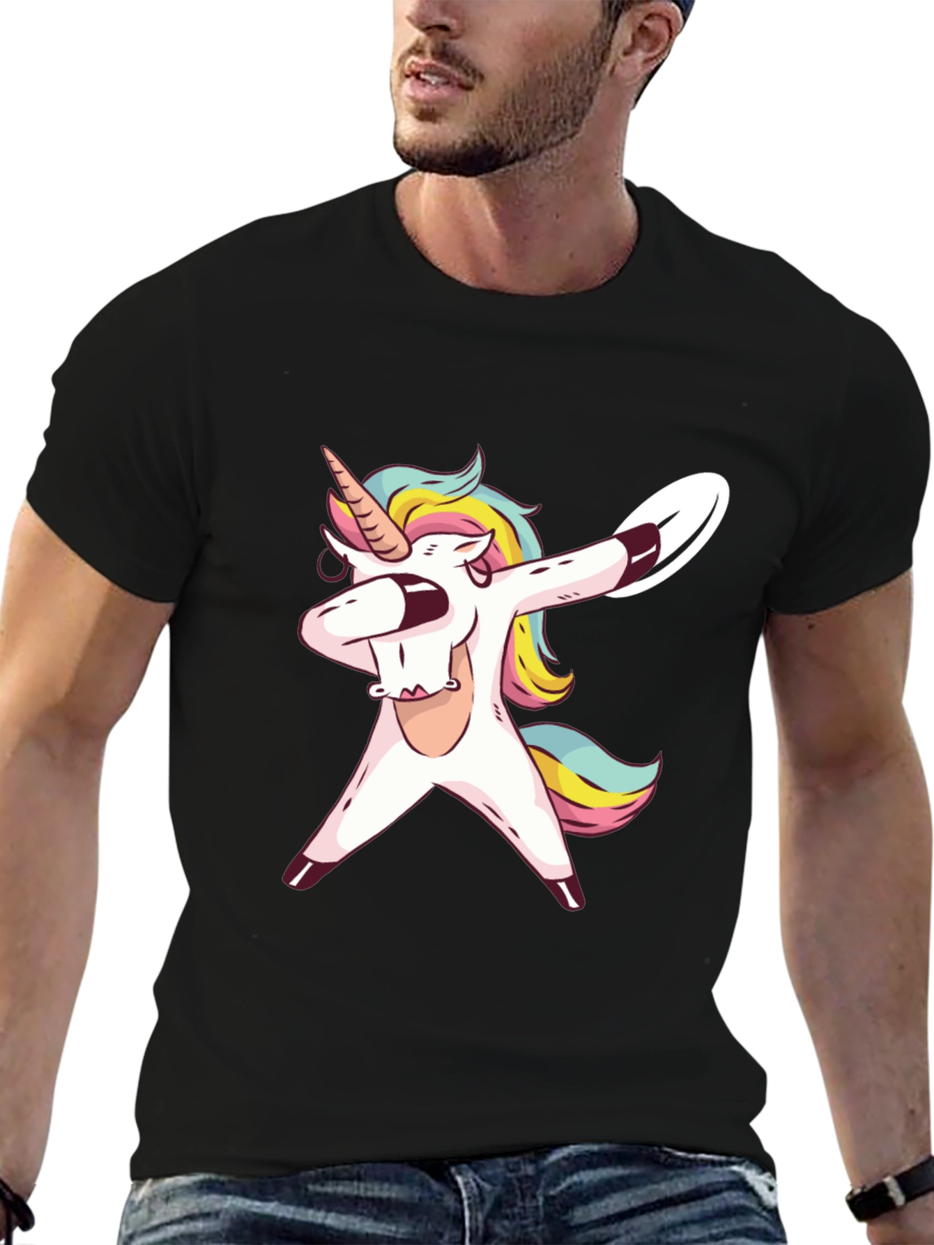 Black Dabbing Unicorn Graphic Tee - Black Cotton T-Shirt view 6