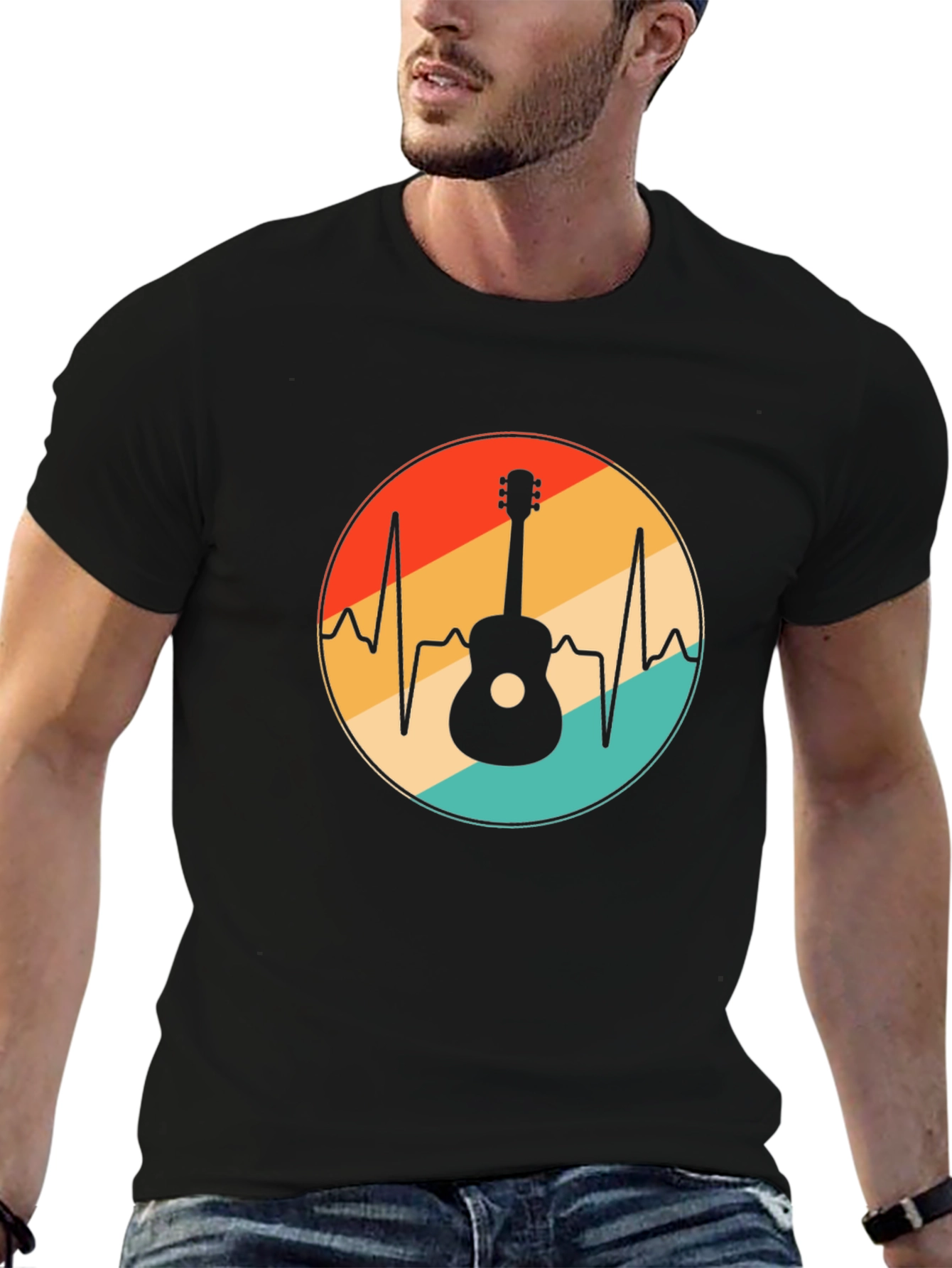 Black Guitar Heartbeat T-Shirt - Music Lover Tee view 6